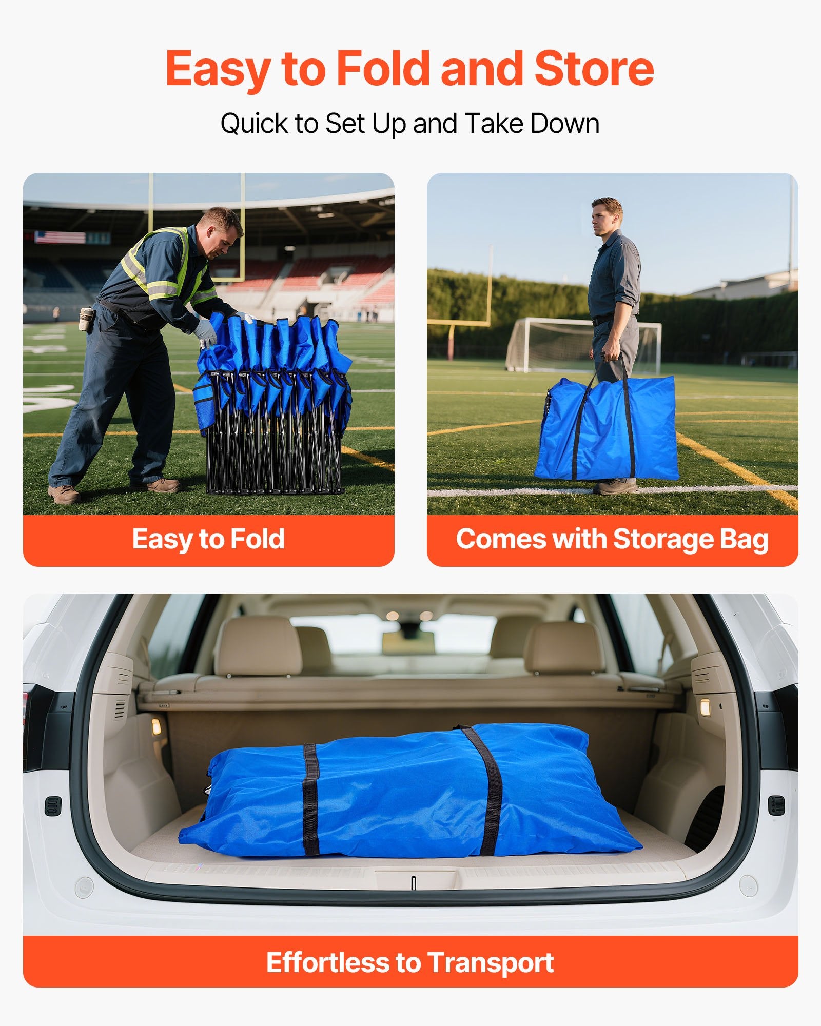 8-Seat Portable Folding Bench with Backrest & Side Pockets, Lightweight for Soccer, Football, Baseball, Camping, Outdoor Events - Blue, Easy Storage & Carry Bag Included