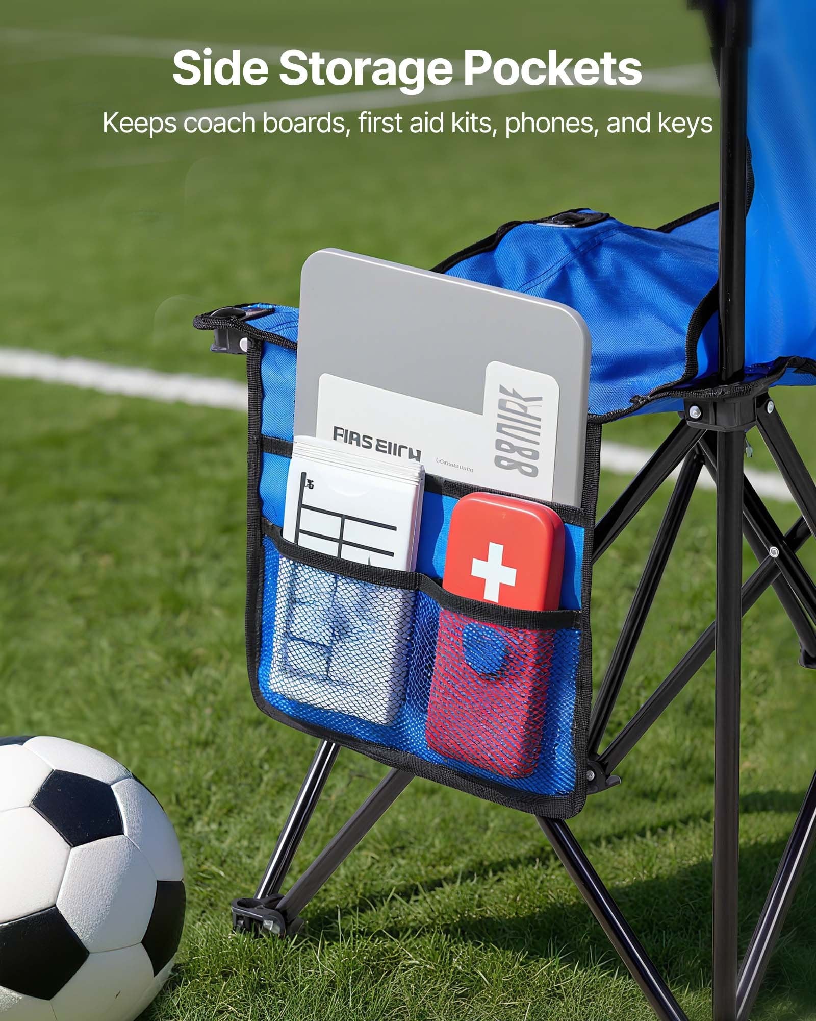8-Seat Portable Folding Bench with Backrest & Side Pockets, Lightweight for Soccer, Football, Baseball, Camping, Outdoor Events - Blue, Easy Storage & Carry Bag Included
