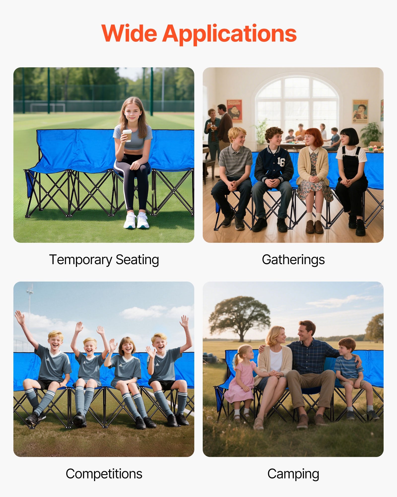 8-Seat Portable Folding Bench with Backrest & Side Pockets, Lightweight for Soccer, Football, Baseball, Camping, Outdoor Events - Blue, Easy Storage & Carry Bag Included