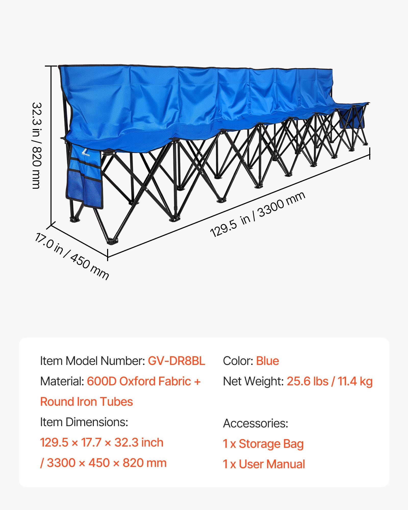 8-Seat Portable Folding Bench with Backrest & Side Pockets, Lightweight for Soccer, Football, Baseball, Camping, Outdoor Events - Blue, Easy Storage & Carry Bag Included