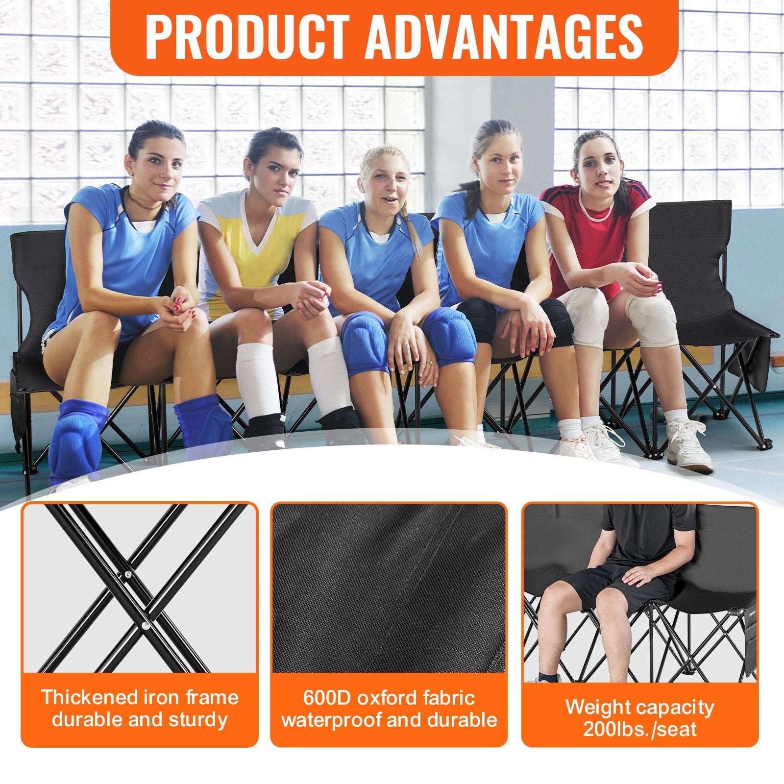 6-Seat Portable Folding Bench with Backrest - Lightweight, Durable 600D Fabric for Soccer, Camping, Outdoor Events, Includes Side Pockets & Carry Bag