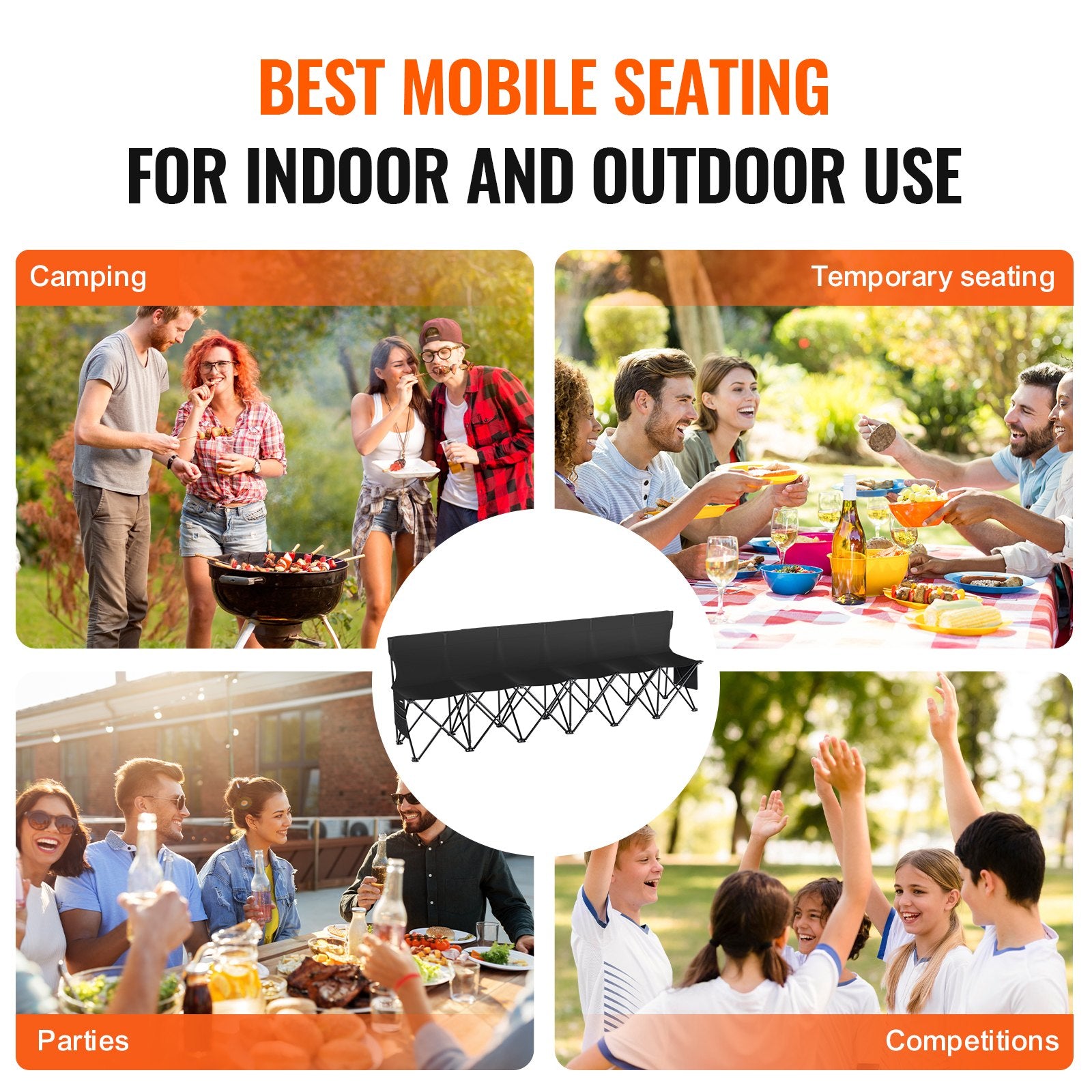 6-Seat Portable Folding Bench with Backrest - Lightweight, Durable 600D Fabric for Soccer, Camping, Outdoor Events, Includes Side Pockets & Carry Bag