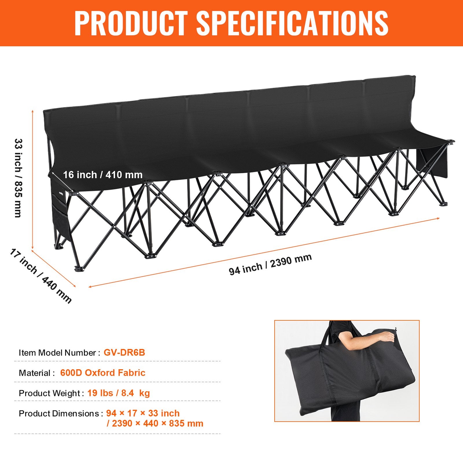 6-Seat Portable Folding Bench with Backrest - Lightweight, Durable 600D Fabric for Soccer, Camping, Outdoor Events, Includes Side Pockets & Carry Bag
