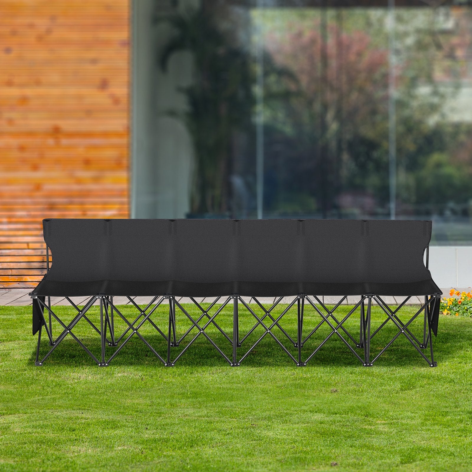 6-Seat Portable Folding Bench with Backrest - Lightweight, Durable 600D Fabric for Soccer, Camping, Outdoor Events, Includes Side Pockets & Carry Bag
