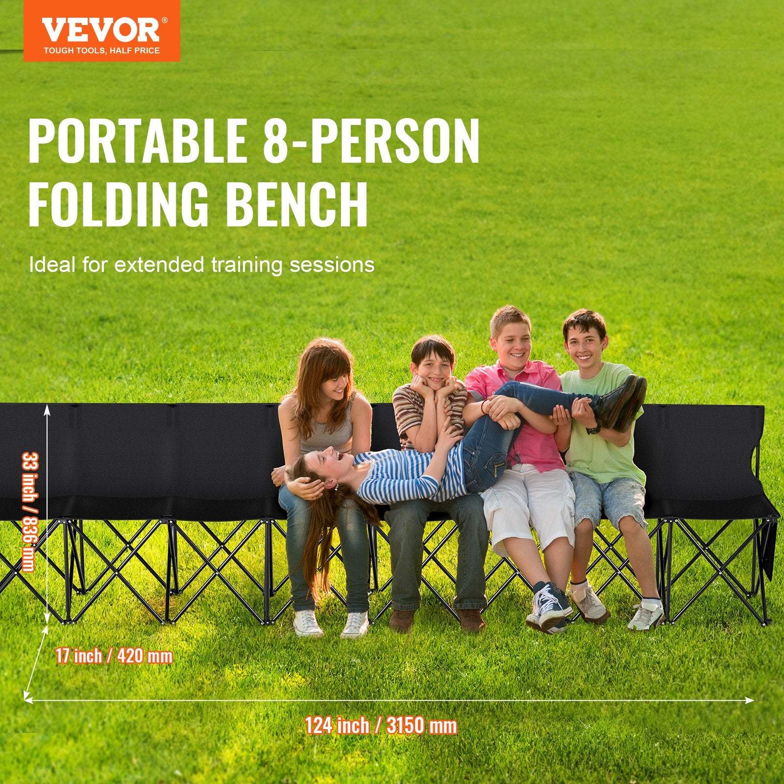 8-Seat Portable Folding Bench with Backrest - Lightweight, Durable Sideline Seating for Soccer, Football, Camping, and Outdoor Events, Includes Carrying Bag and Side Pockets, Black