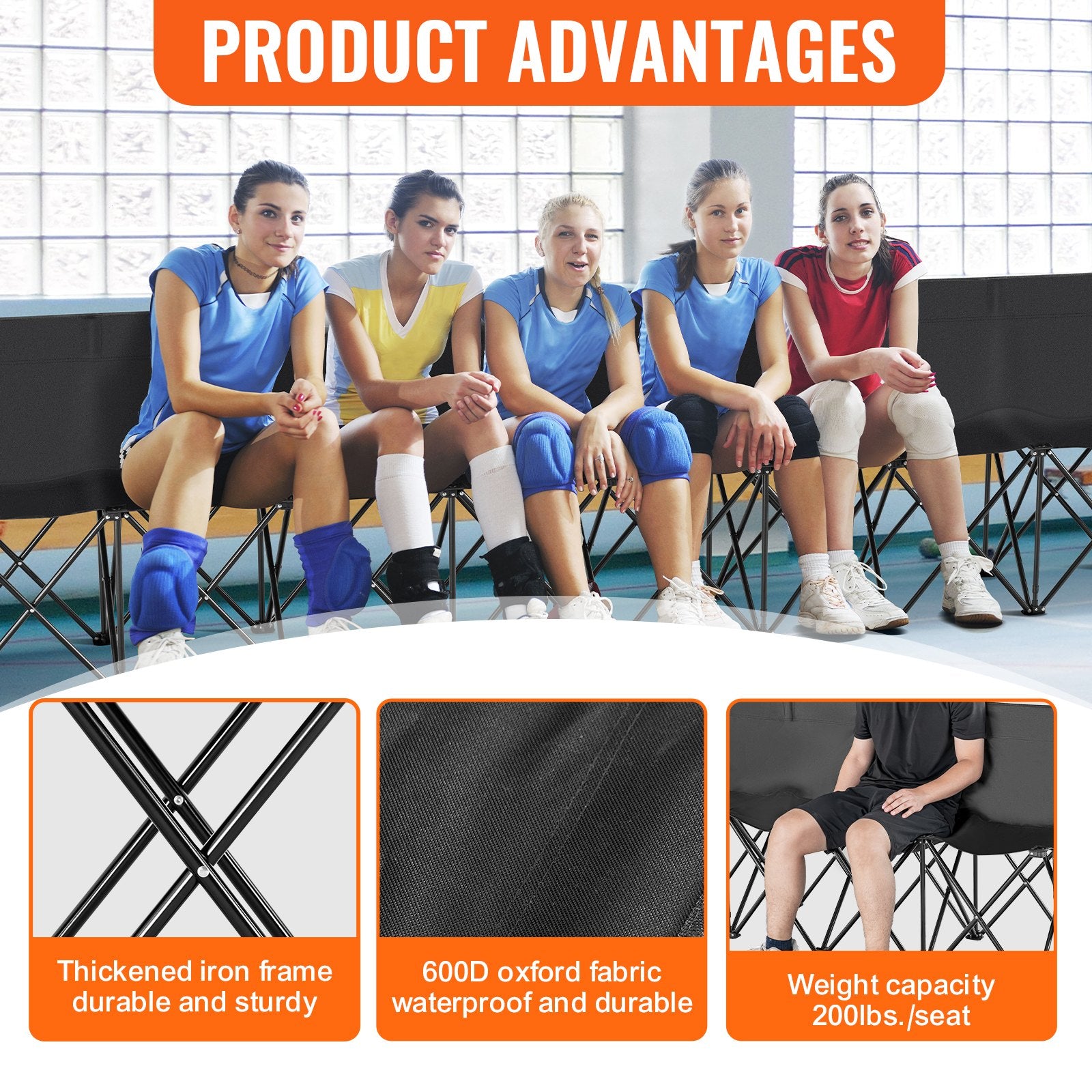 8-Seat Portable Folding Bench with Backrest - Lightweight, Durable Sideline Seating for Soccer, Football, Camping, and Outdoor Events, Includes Carrying Bag and Side Pockets, Black