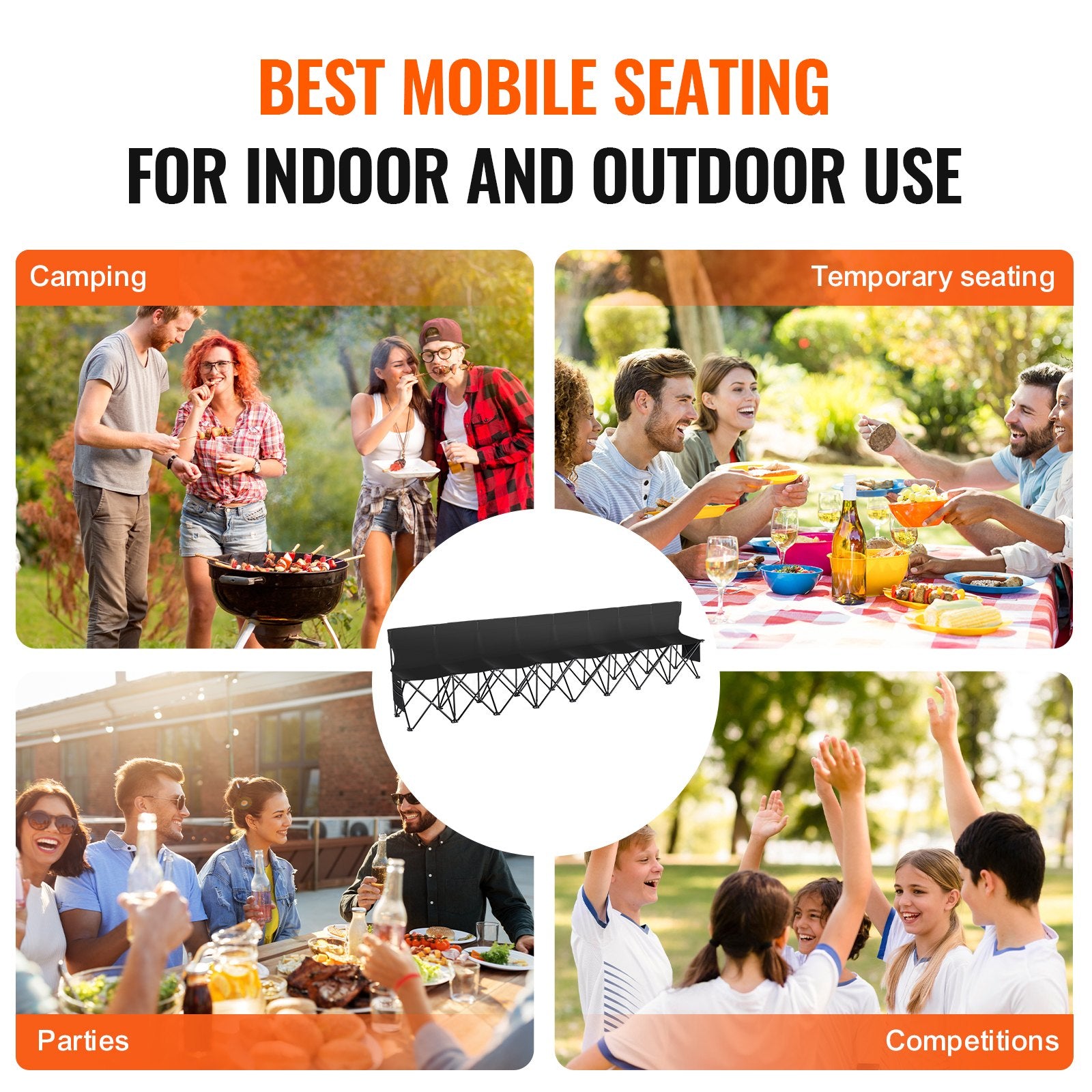 8-Seat Portable Folding Bench with Backrest - Lightweight, Durable Sideline Seating for Soccer, Football, Camping, and Outdoor Events, Includes Carrying Bag and Side Pockets, Black