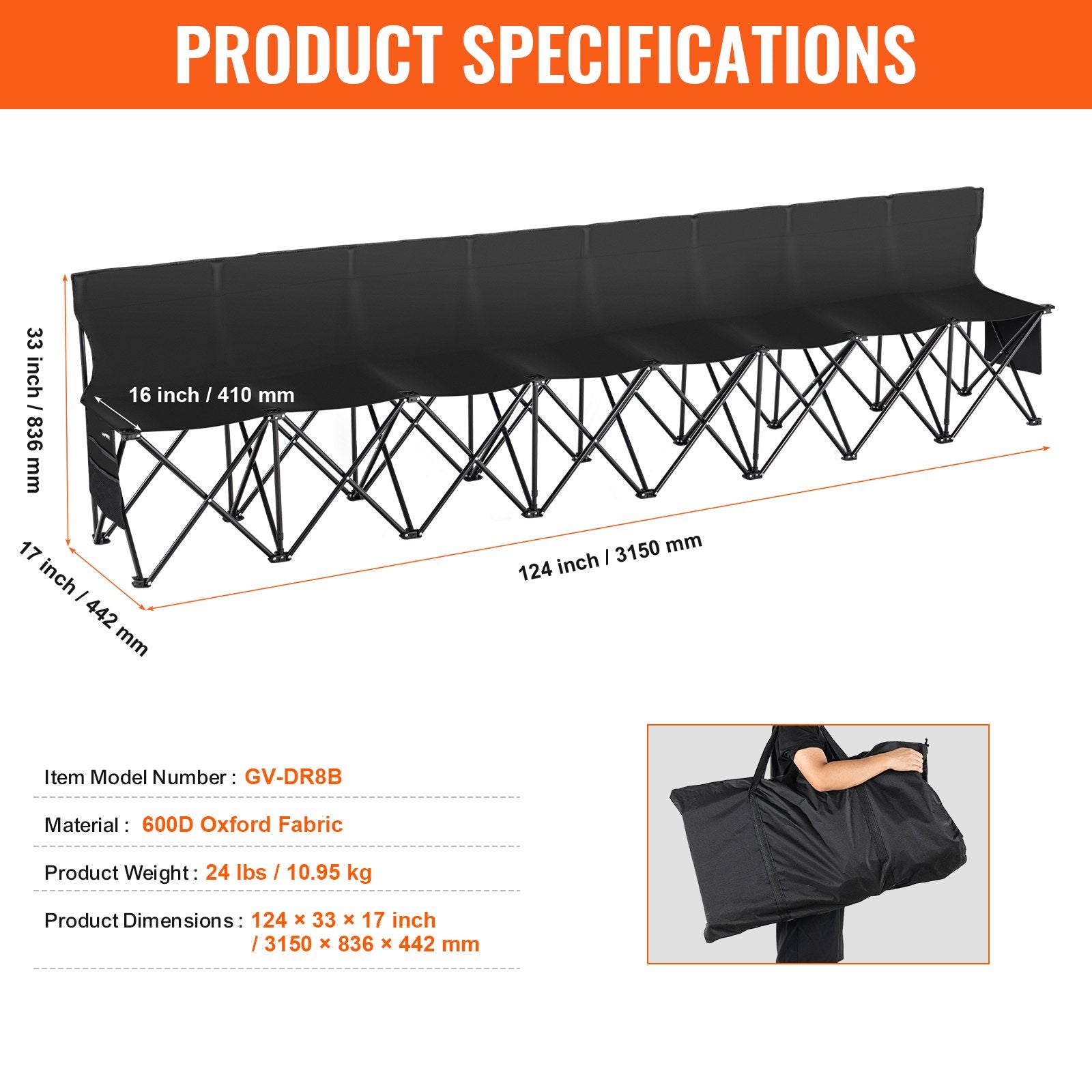 8-Seat Portable Folding Bench with Backrest - Lightweight, Durable Sideline Seating for Soccer, Football, Camping, and Outdoor Events, Includes Carrying Bag and Side Pockets, Black