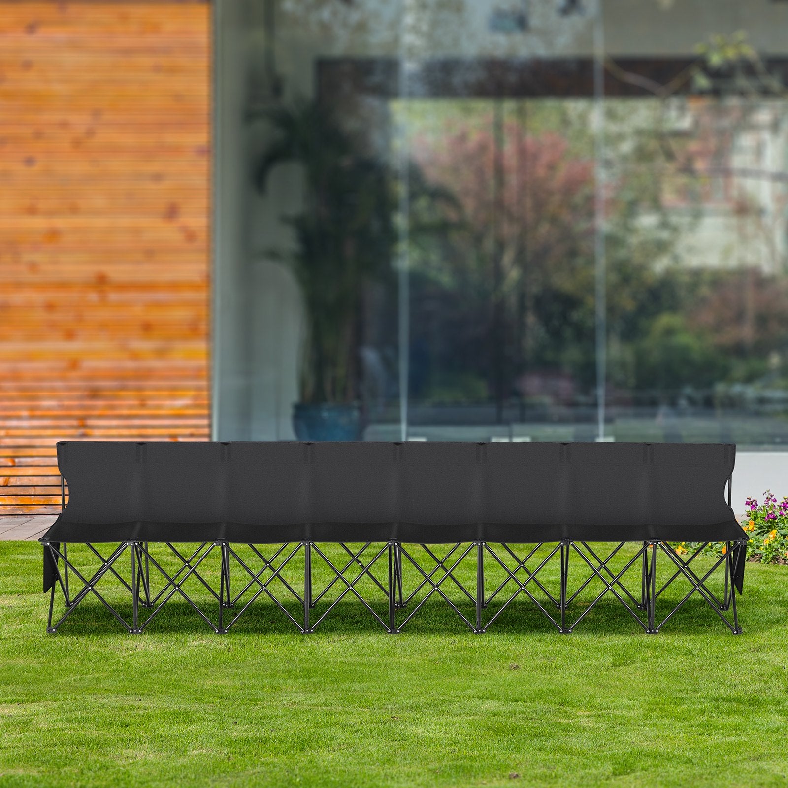 8-Seat Portable Folding Bench with Backrest - Lightweight, Durable Sideline Seating for Soccer, Football, Camping, and Outdoor Events, Includes Carrying Bag and Side Pockets, Black