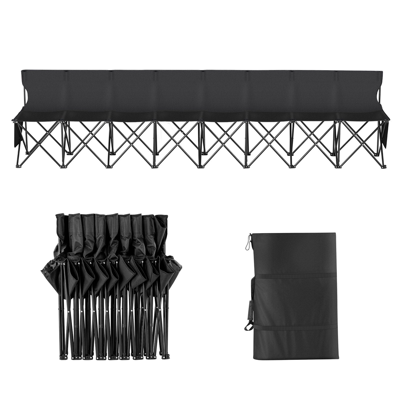 8-Seat Portable Folding Bench with Backrest - Lightweight, Durable Sideline Seating for Soccer, Football, Camping, and Outdoor Events, Includes Carrying Bag and Side Pockets, Black