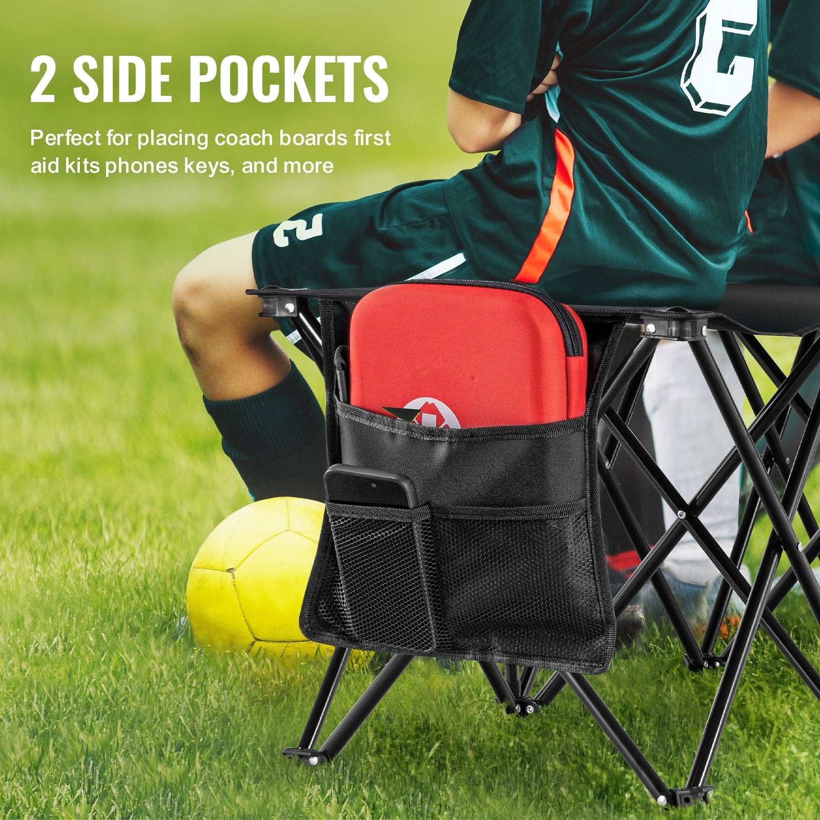 6-Seat Portable Folding Sports Bench with Side Pockets & Carry Bag, Lightweight 600D Oxford Fabric for Soccer, Football, Baseball, Camping & Outdoor Events
