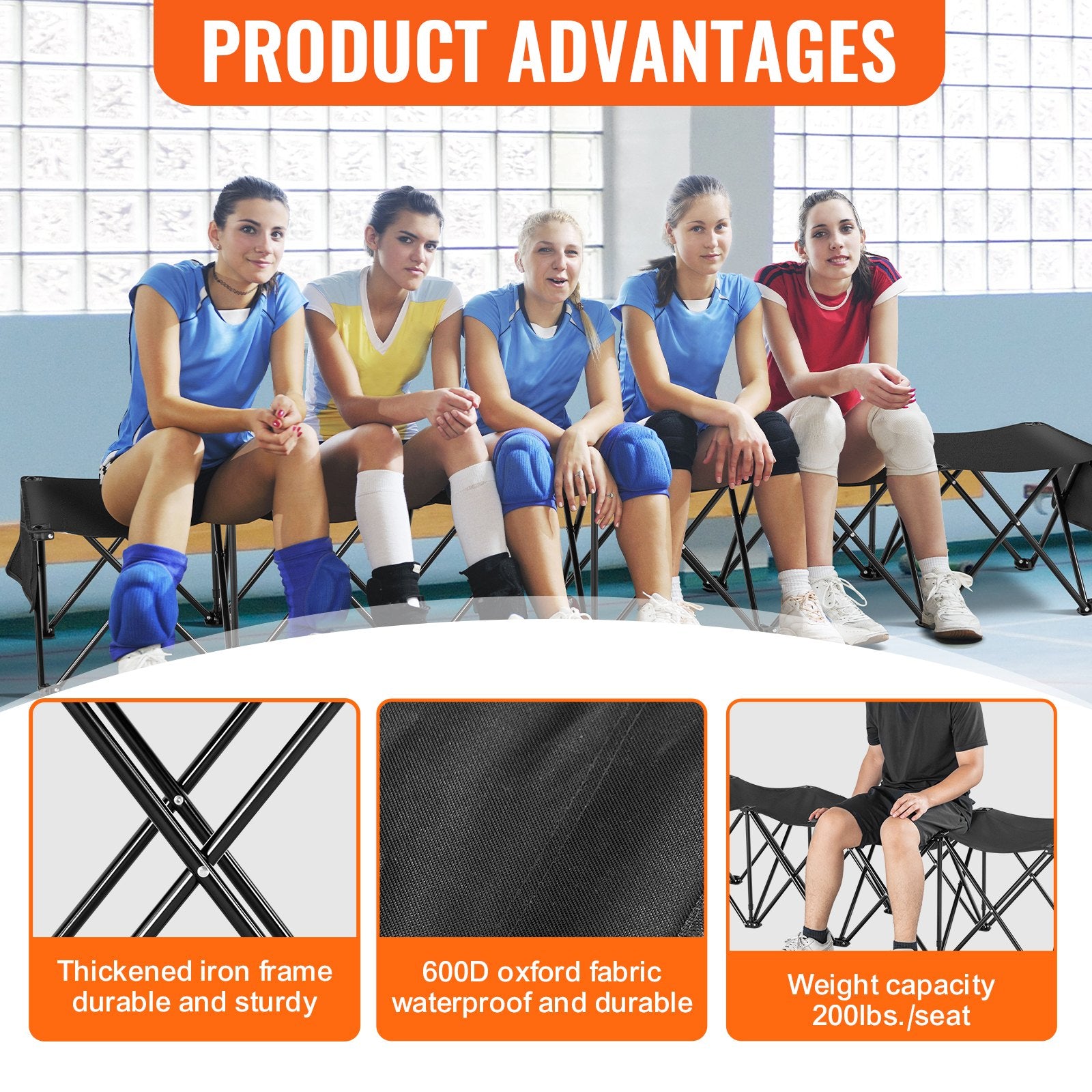6-Seat Portable Folding Sports Bench with Side Pockets & Carry Bag, Lightweight 600D Oxford Fabric for Soccer, Football, Baseball, Camping & Outdoor Events