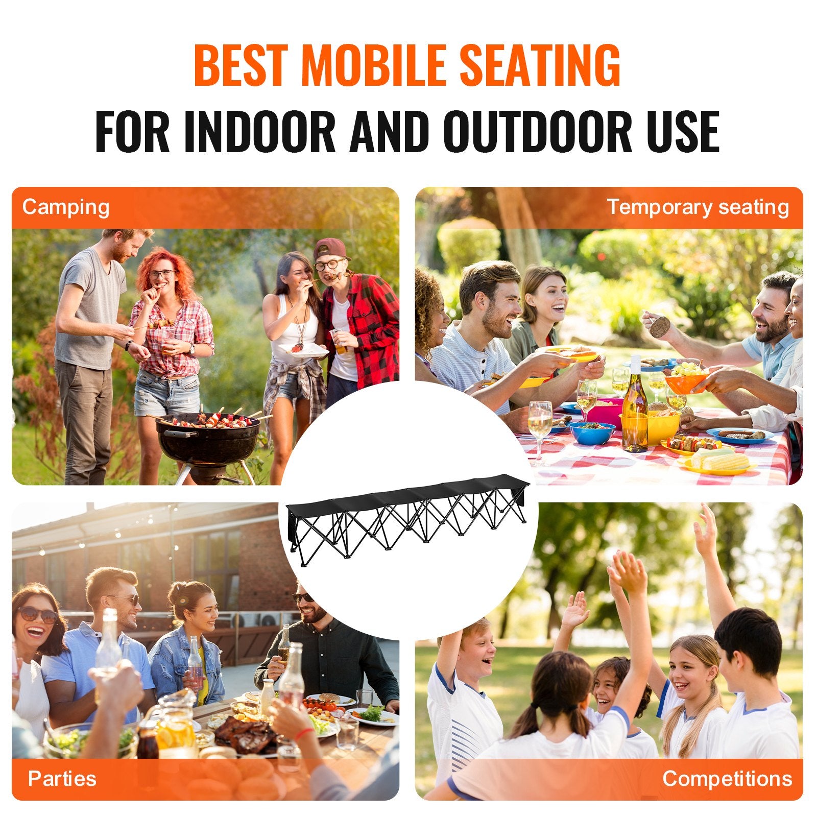 6-Seat Portable Folding Sports Bench with Side Pockets & Carry Bag, Lightweight 600D Oxford Fabric for Soccer, Football, Baseball, Camping & Outdoor Events