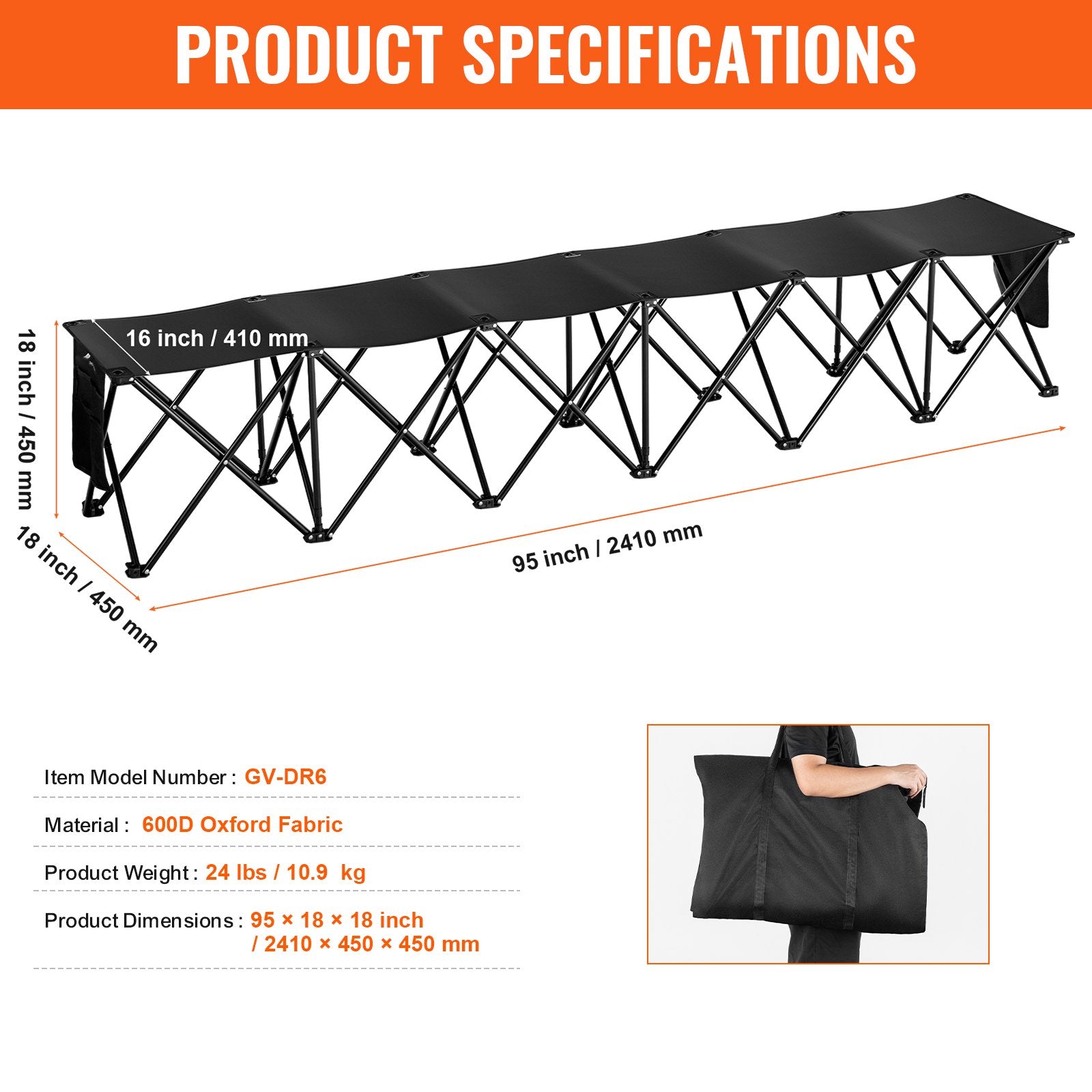 6-Seat Portable Folding Sports Bench with Side Pockets & Carry Bag, Lightweight 600D Oxford Fabric for Soccer, Football, Baseball, Camping & Outdoor Events