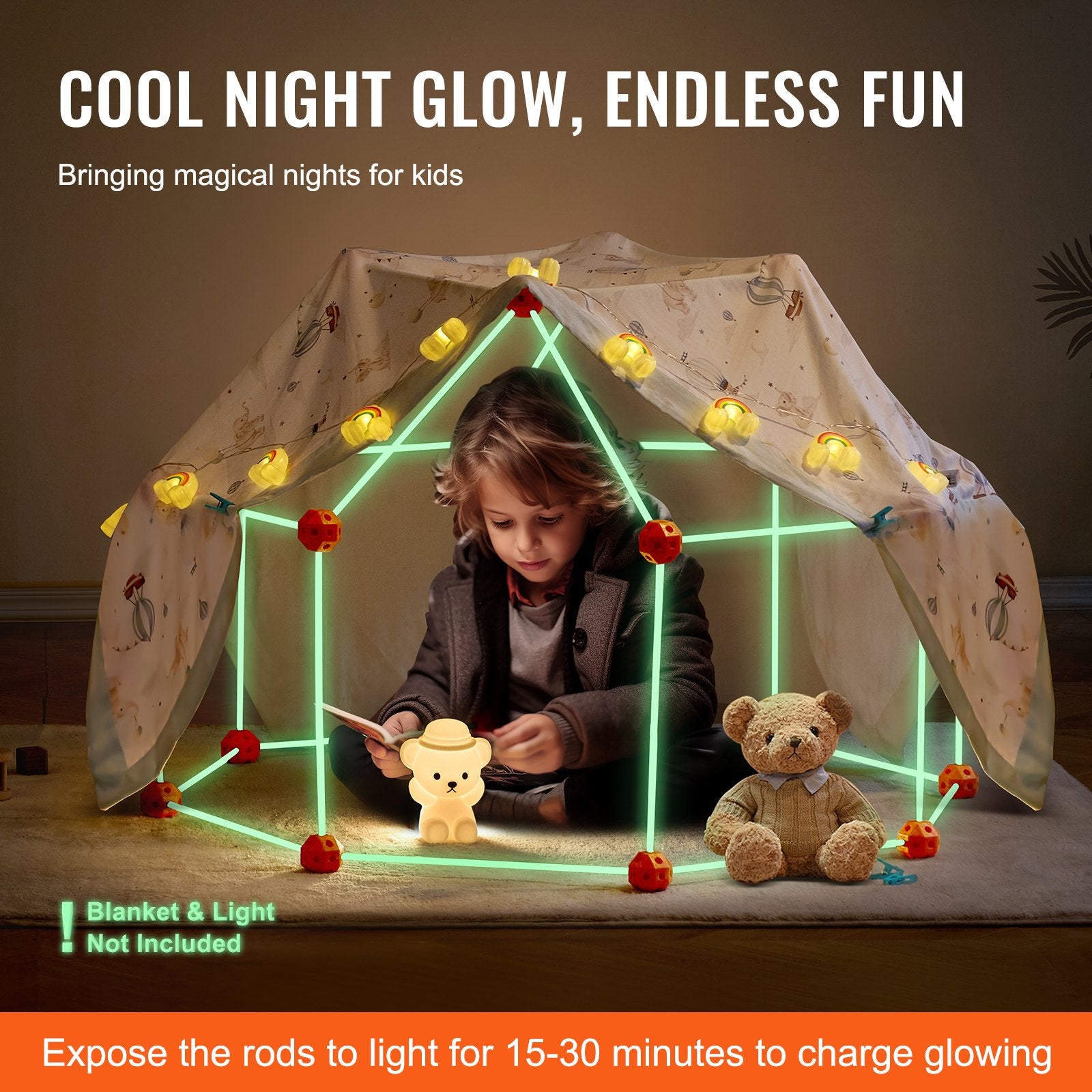 Glow in the Dark STEM Fort Building Kit for Kids - 140PC Educational Toy Set with 96 Rods & 44 Balls for Creative Indoor Outdoor Play