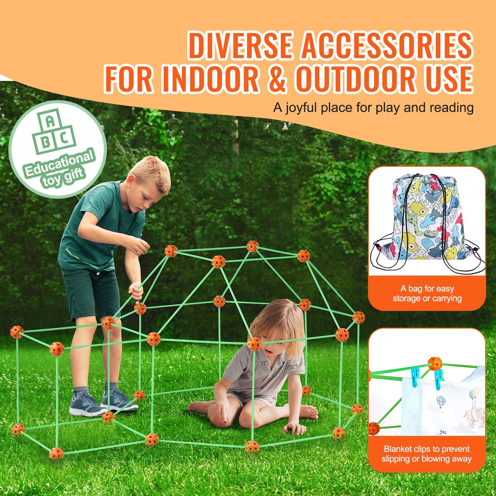 Glow in the Dark STEM Fort Building Kit for Kids - 140PC Educational Toy Set with 96 Rods & 44 Balls for Creative Indoor Outdoor Play
