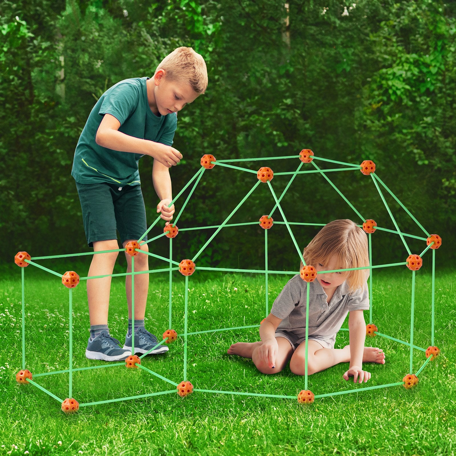 Glow in the Dark STEM Fort Building Kit for Kids - 140PC Educational Toy Set with 96 Rods & 44 Balls for Creative Indoor Outdoor Play