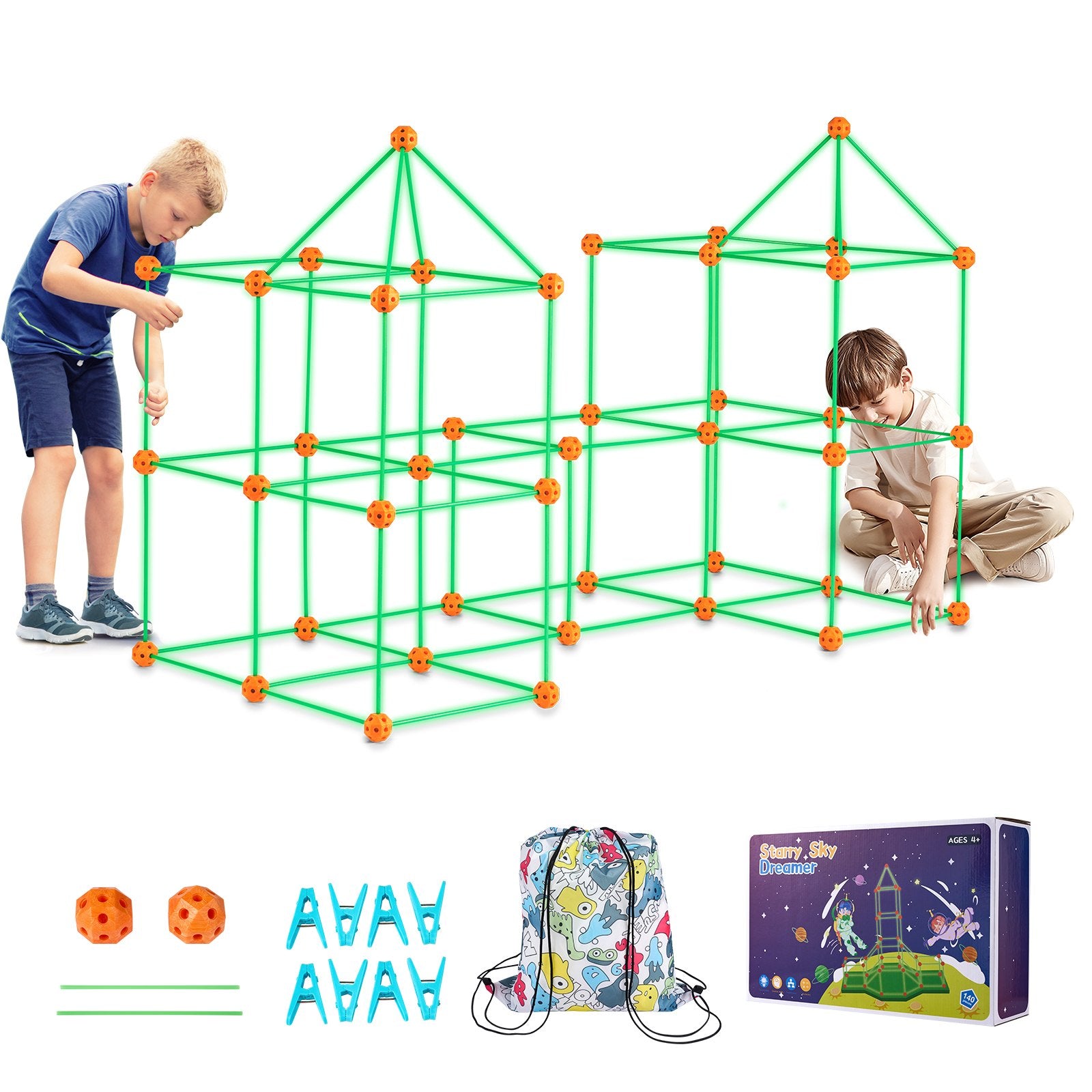 Glow in the Dark STEM Fort Building Kit for Kids - 140PC Educational Toy Set with 96 Rods & 44 Balls for Creative Indoor Outdoor Play