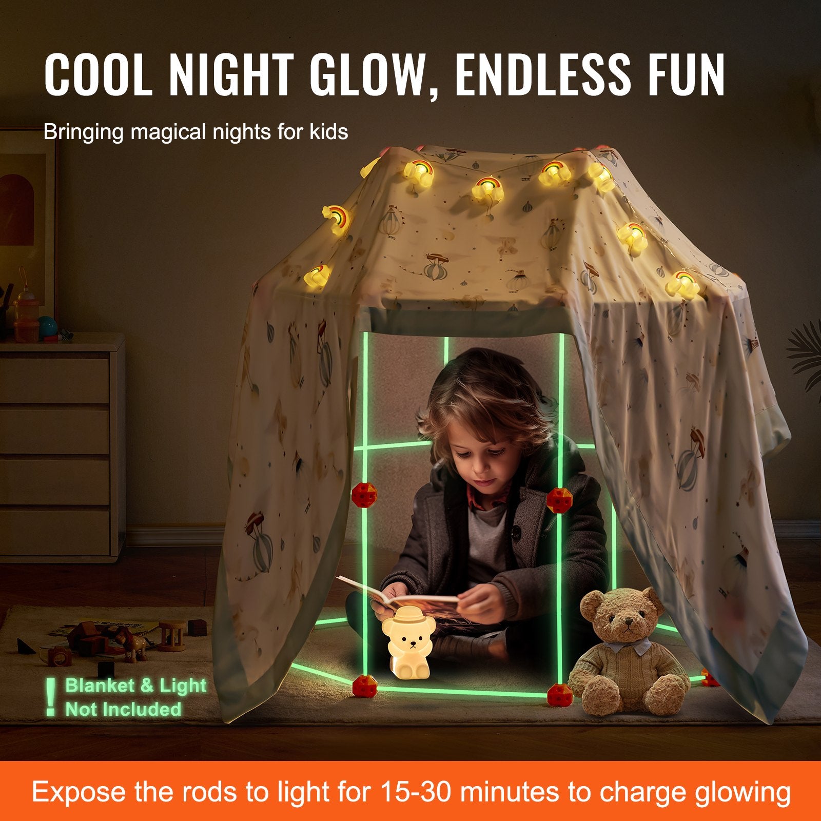 Glow in The Dark Fort Building Kit for Kids - 85PCS STEM Toys, Creative Indoor Outdoor Play Set for Ages 4-8, Includes 55 Rods & 30 Balls