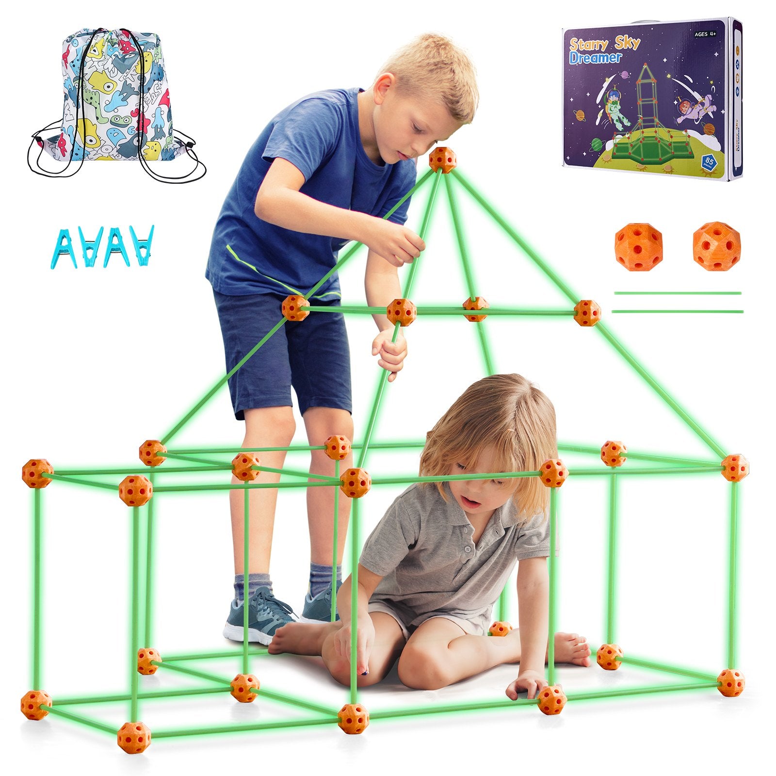 Glow in The Dark Fort Building Kit for Kids - 85PCS STEM Toys, Creative Indoor Outdoor Play Set for Ages 4-8, Includes 55 Rods & 30 Balls