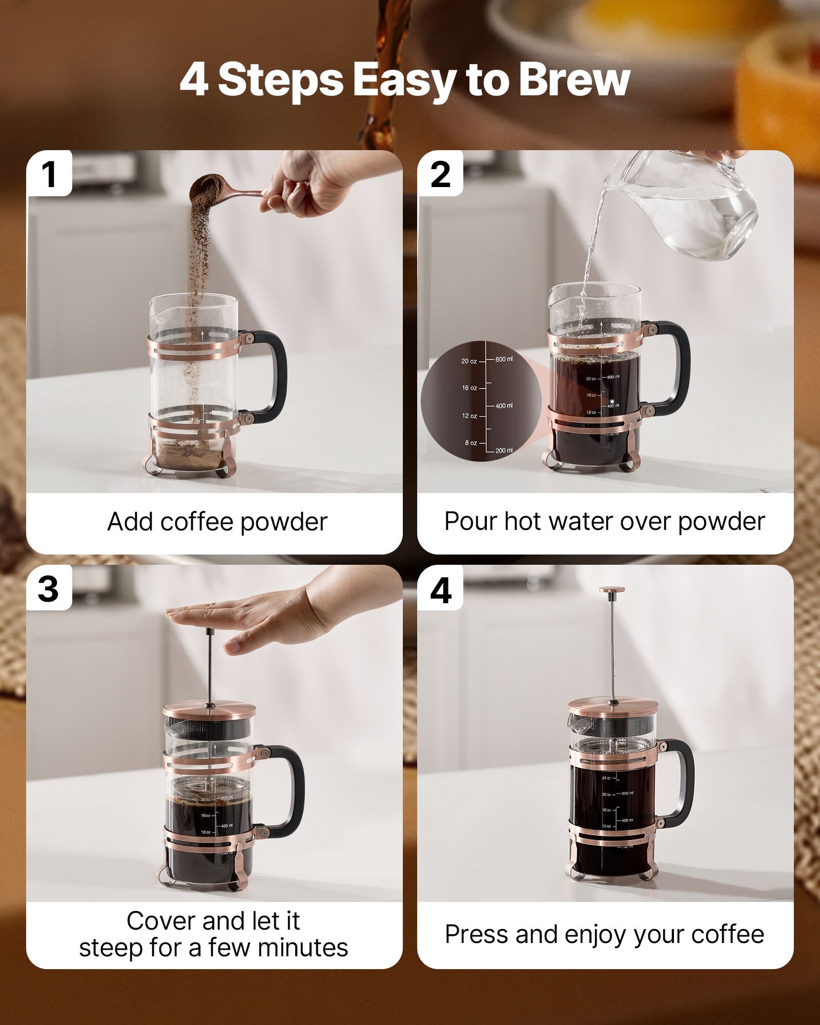 French Press Coffee Maker, 34 Oz Borosilicate Glass with Stainless Steel Filter for Cold Brew, Camping, Travel & Home Kitchen, Copper Finish
