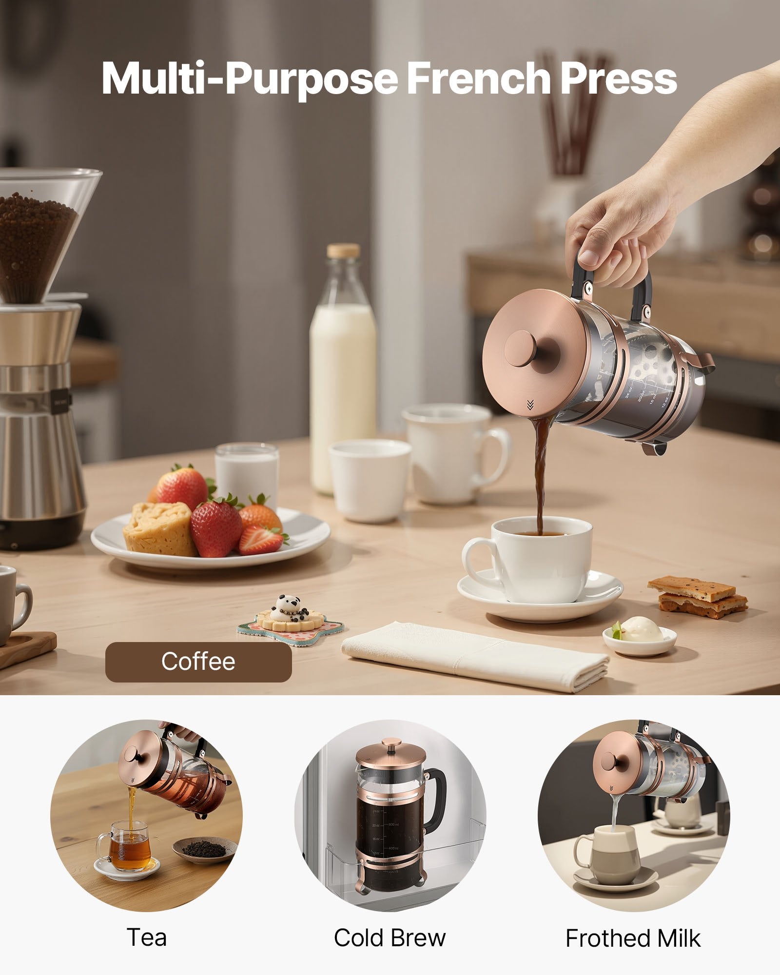 French Press Coffee Maker, 34 Oz Borosilicate Glass with Stainless Steel Filter for Cold Brew, Camping, Travel & Home Kitchen, Copper Finish