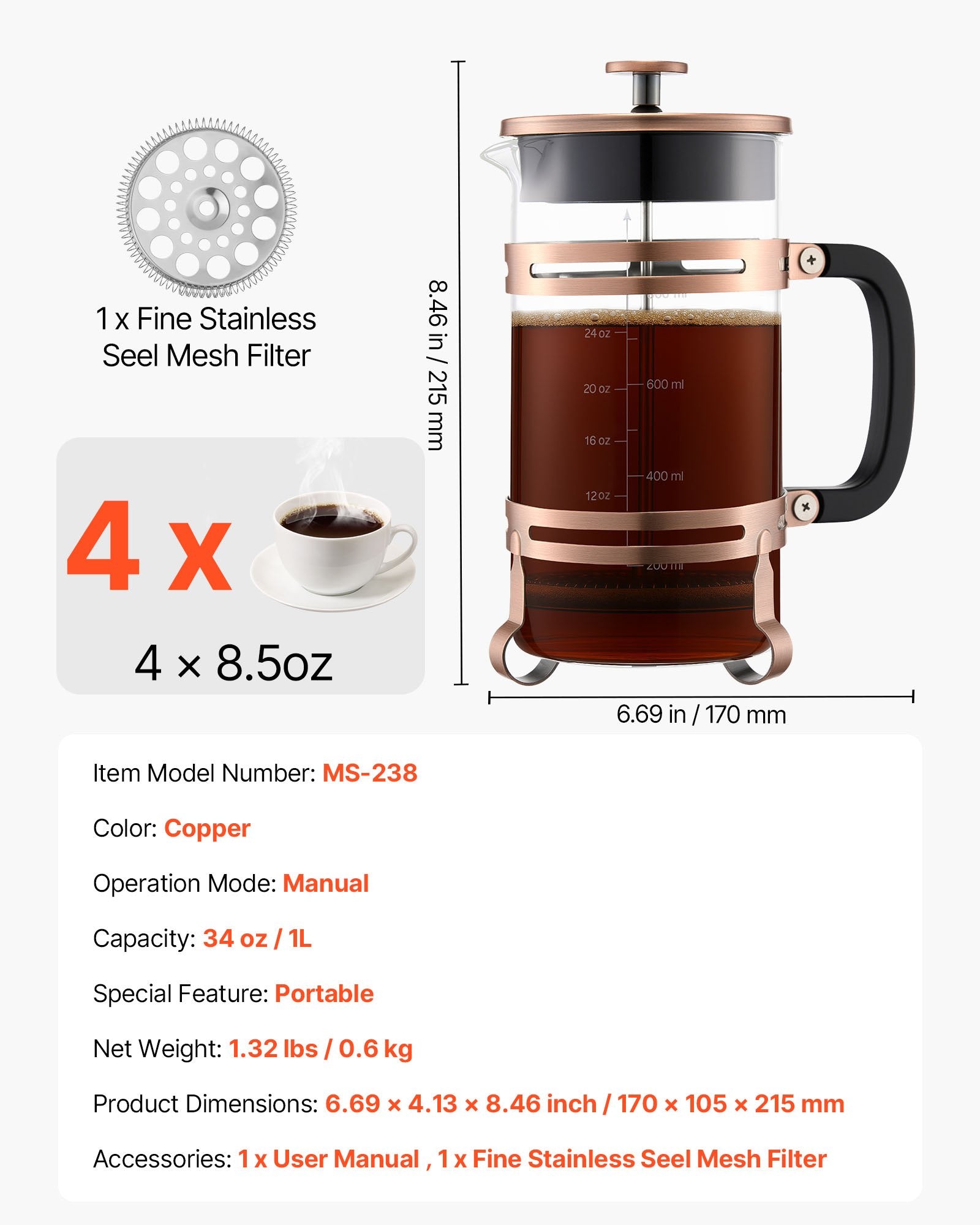 French Press Coffee Maker, 34 Oz Borosilicate Glass with Stainless Steel Filter for Cold Brew, Camping, Travel & Home Kitchen, Copper Finish