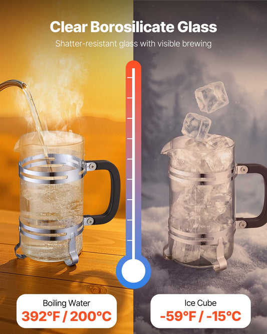 Large 34 Oz Borosilicate Glass French Press Coffee & Tea Maker with Stainless Steel Filter for Camping, Travel, Home Kitchen - Silver, Portable & Easy to Clean