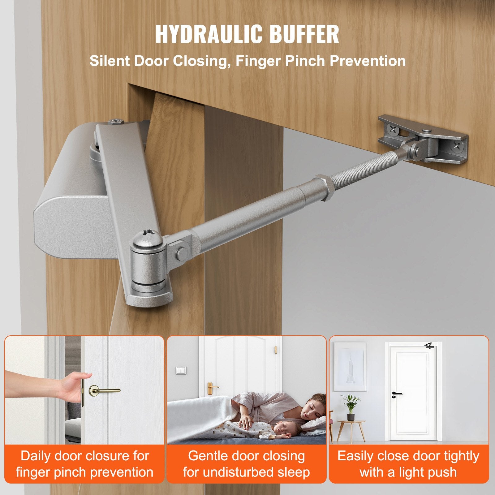 Automatic Adjustable Door Closer for Commercial & Residential Use - Heavy Duty Hydraulic Buffer, Easy Install, Supports 187 Lbs, Silver Finish