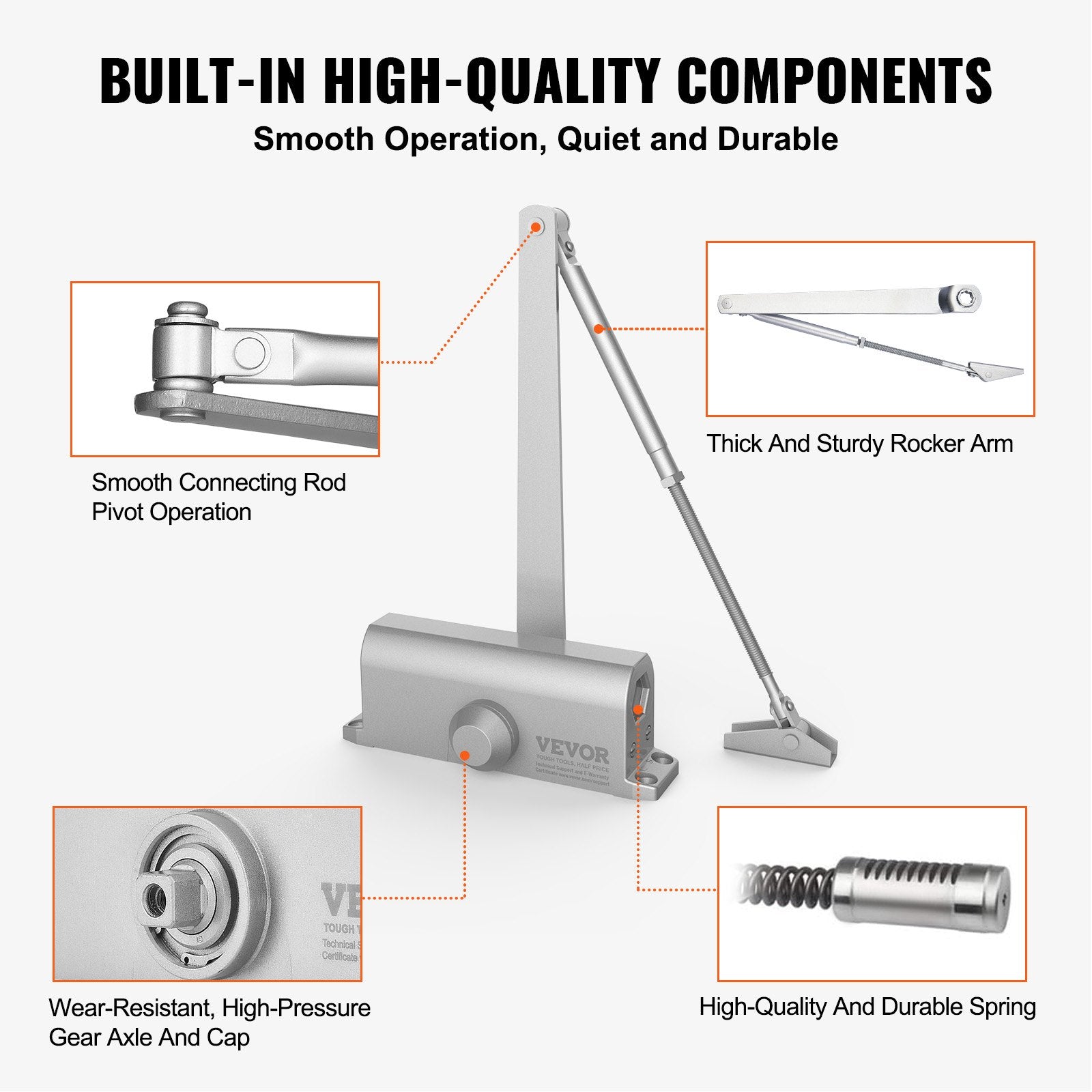 Automatic Adjustable Door Closer for Commercial & Residential Use - Heavy Duty Hydraulic Buffer, Easy Install, Supports 187 Lbs, Silver Finish