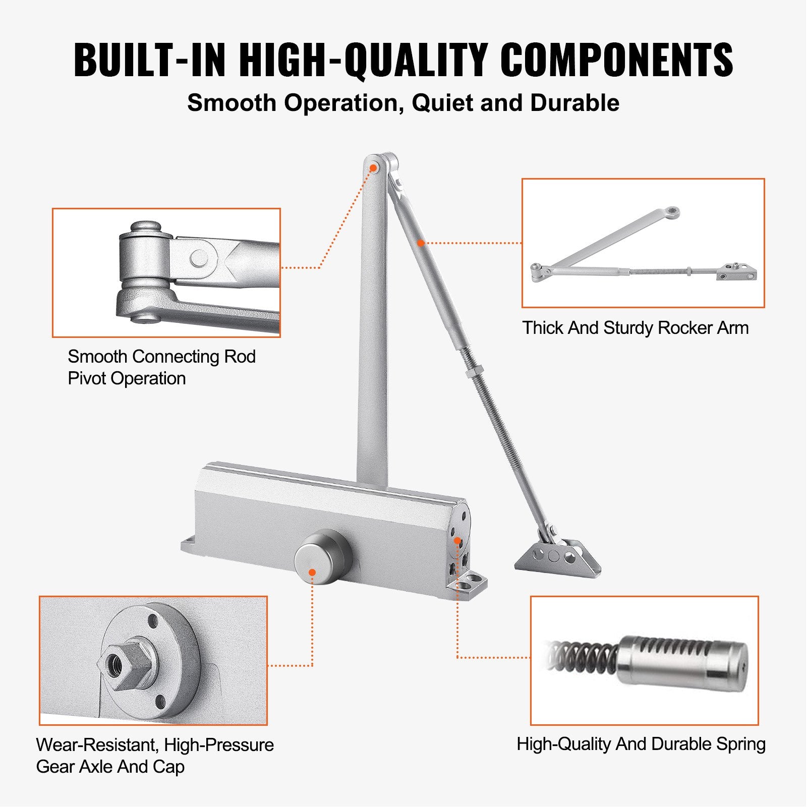 Heavy Duty Automatic Door Closer - Adjustable Hydraulic Buffer, 330Lbs Load, Silent Commercial & Residential Use, Easy Install, Silver Finish