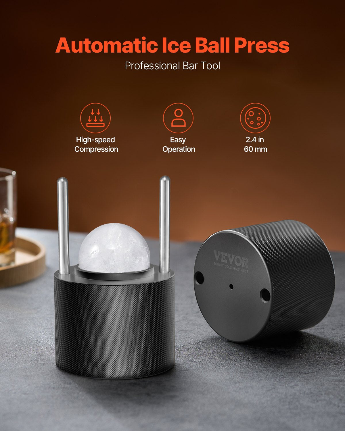 Aviation Aluminum Ice Ball Press Kit - Create 2.4" Ice Spheres for Whiskey, Cocktails with Mold, Mat, Tong, Drip Tray & Glass