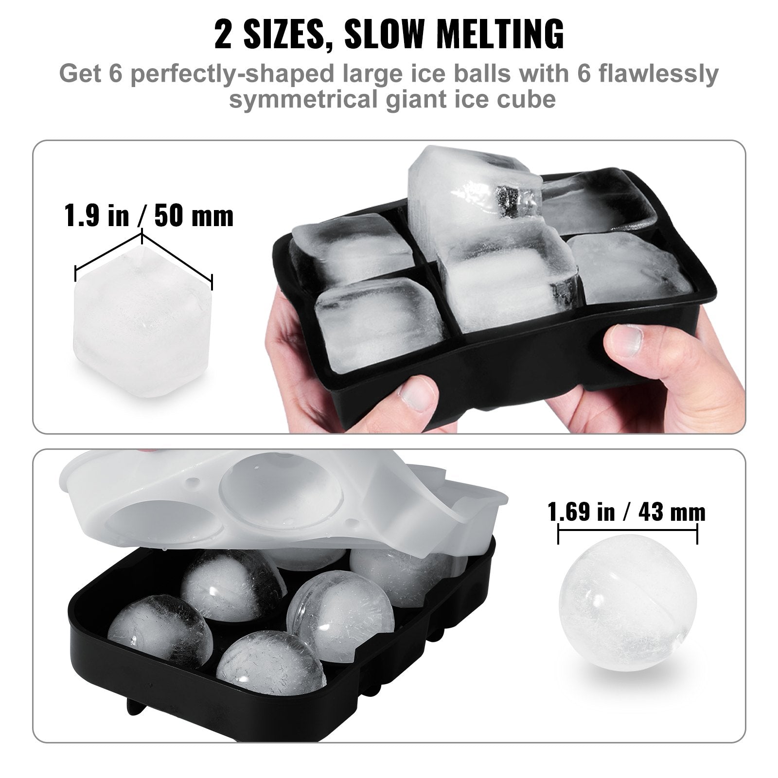 2-in-1 Silicone Ice Cube Trays Set: Sphere Ice Ball & Large Square Maker with Lid, Easy Release, BPA Free for Whiskey & Cocktails