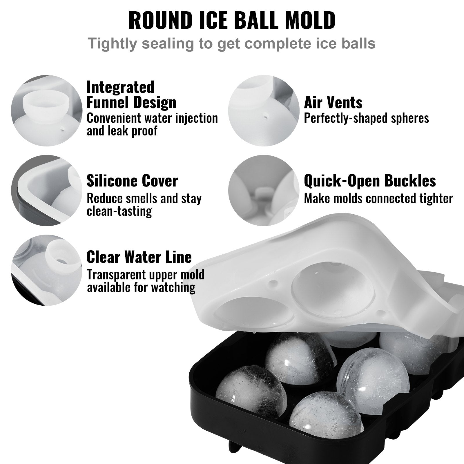 2-in-1 Silicone Ice Cube Trays Set: Sphere Ice Ball & Large Square Maker with Lid, Easy Release, BPA Free for Whiskey & Cocktails