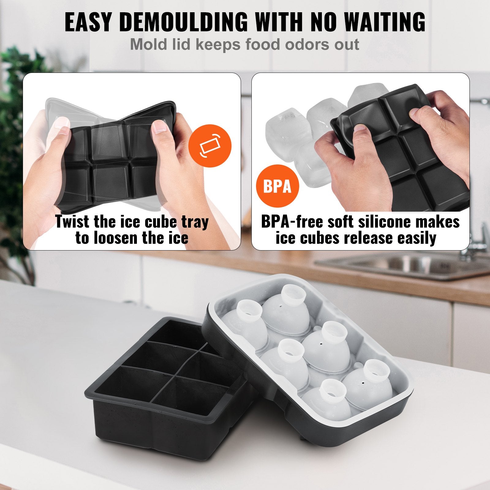 2-in-1 Silicone Ice Cube Trays Set: Sphere Ice Ball & Large Square Maker with Lid, Easy Release, BPA Free for Whiskey & Cocktails