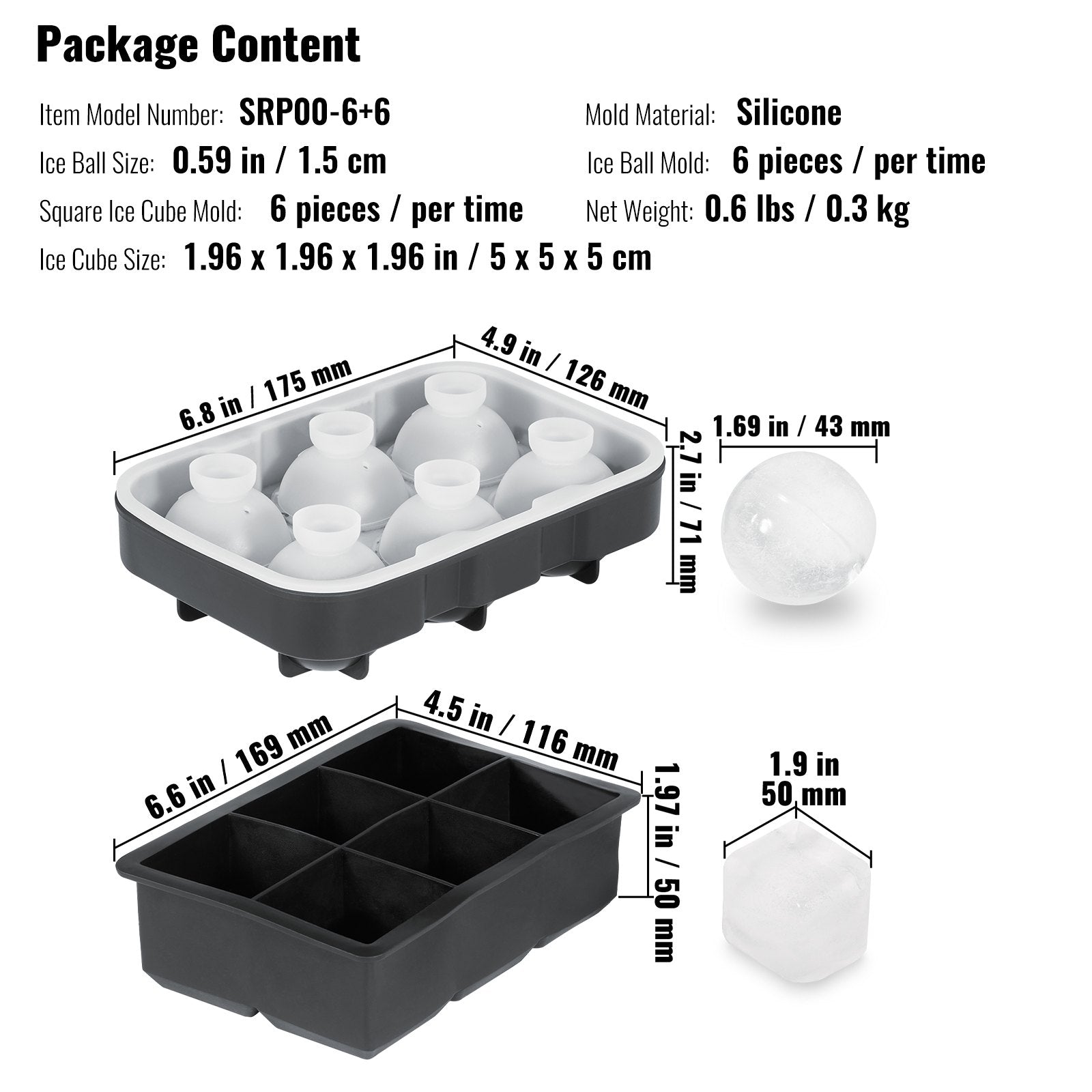 2-in-1 Silicone Ice Cube Trays Set: Sphere Ice Ball & Large Square Maker with Lid, Easy Release, BPA Free for Whiskey & Cocktails