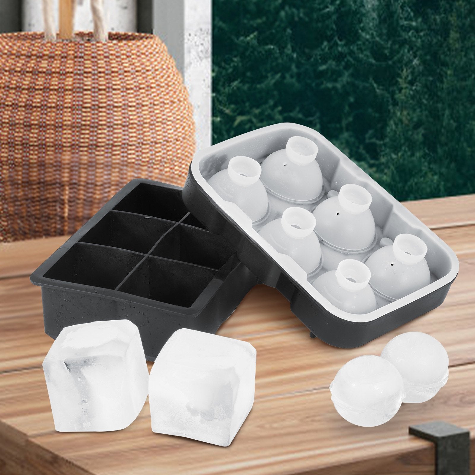 2-in-1 Silicone Ice Cube Trays Set: Sphere Ice Ball & Large Square Maker with Lid, Easy Release, BPA Free for Whiskey & Cocktails