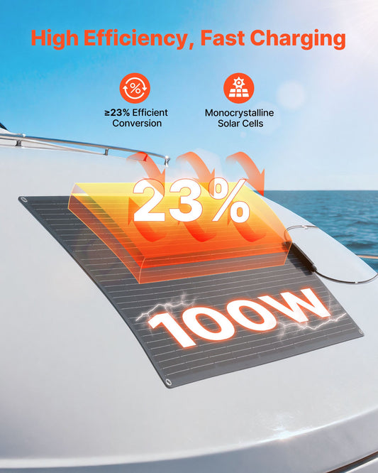 100W Flexible Solar Panel, High-Efficiency 23% Mono Off-Grid Charger, IP67 Waterproof, Ideal for Marine, RV, Car, Cabin, Bendable for Curved Surfaces