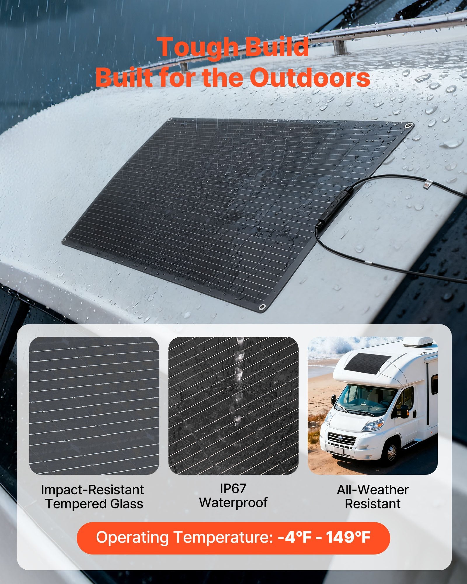100W Flexible Solar Panel, High-Efficiency 23% Mono Off-Grid Charger, IP67 Waterproof, Ideal for Marine, RV, Car, Cabin, Bendable for Curved Surfaces