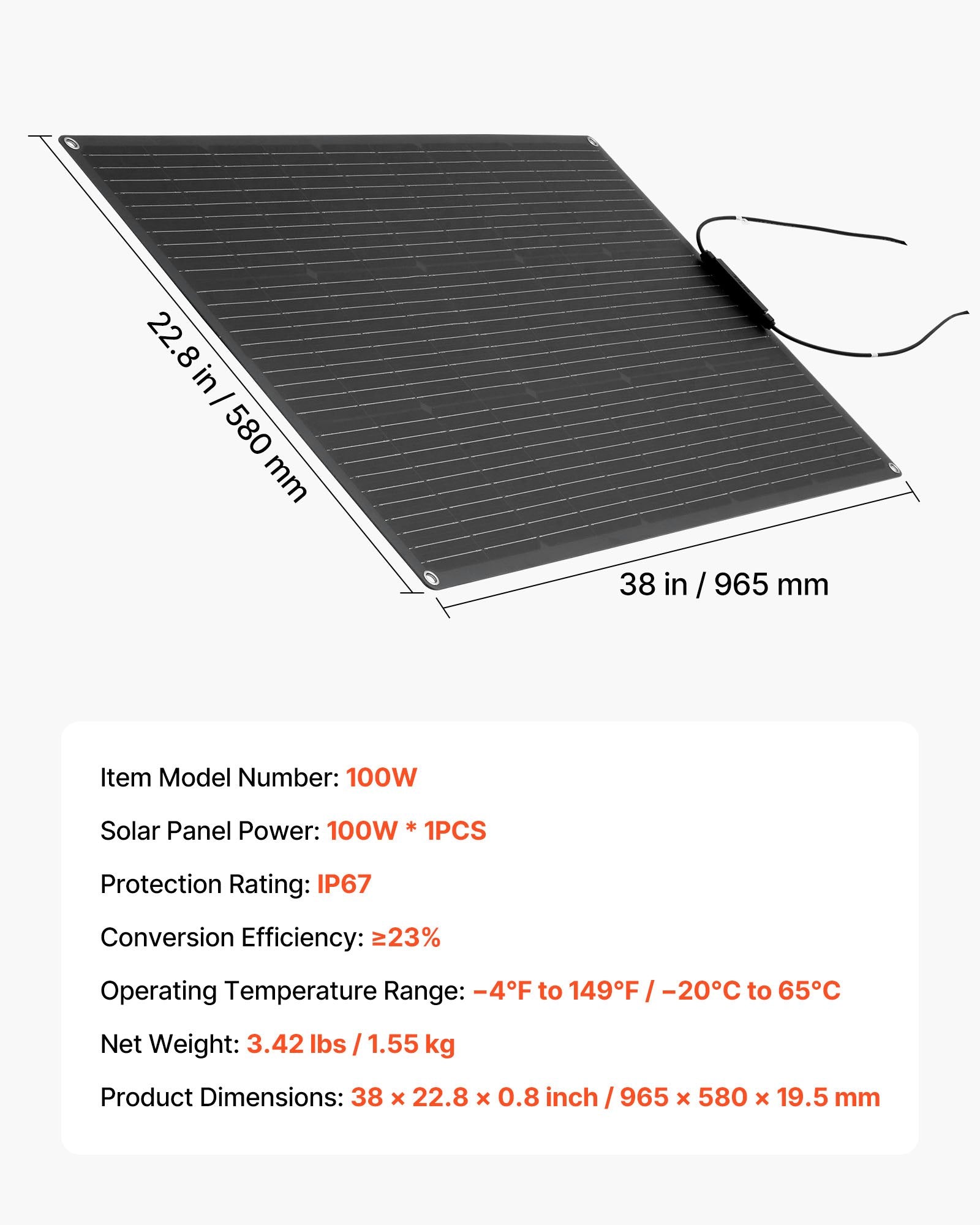 100W Flexible Solar Panel, High-Efficiency 23% Mono Off-Grid Charger, IP67 Waterproof, Ideal for Marine, RV, Car, Cabin, Bendable for Curved Surfaces