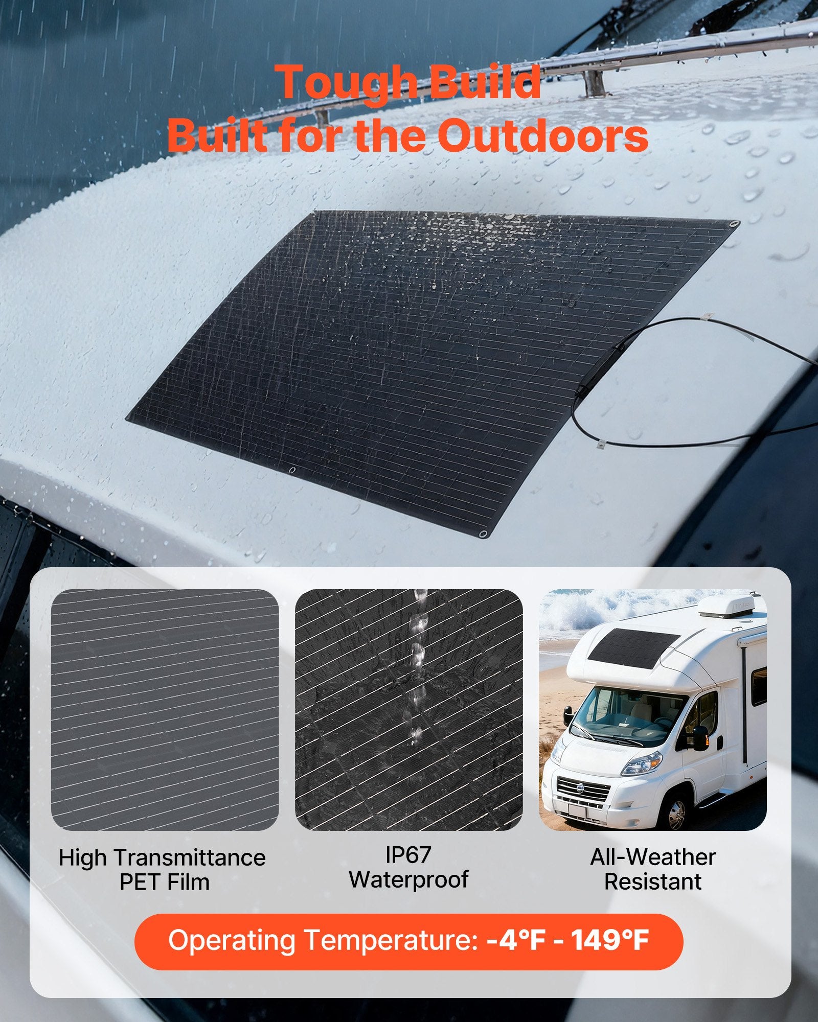 200W Flexible Monocrystalline Solar Panel, High-Efficiency 21.9% Off-Grid Charger, Waterproof IP67 for RV, Marine, Cabin, Curved Surfaces