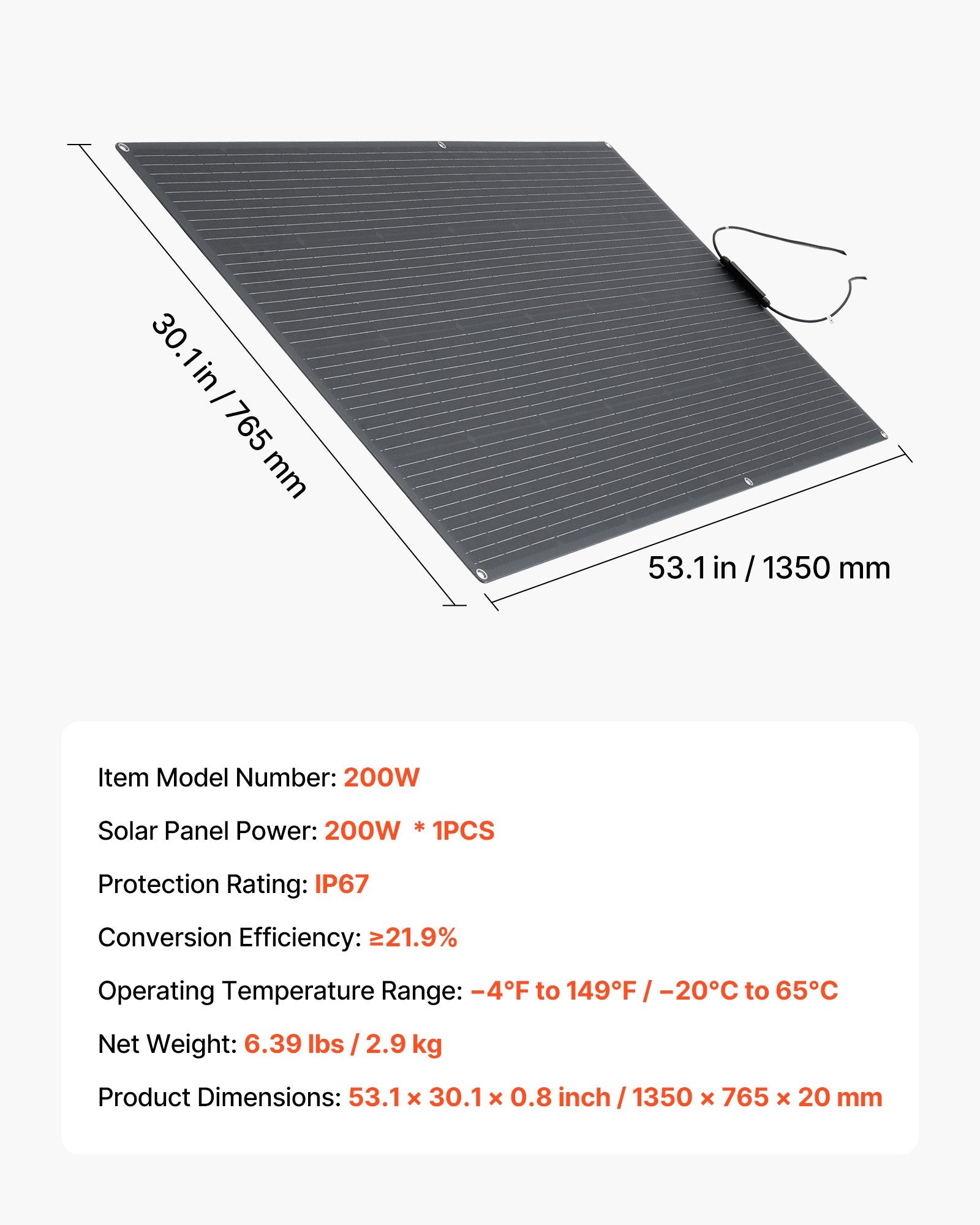 200W Flexible Monocrystalline Solar Panel, High-Efficiency 21.9% Off-Grid Charger, Waterproof IP67 for RV, Marine, Cabin, Curved Surfaces