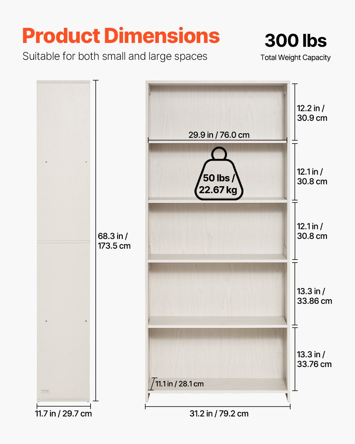 5-Tier Wooden Bookshelf, 68" Freestanding Open Bookcase with Display & Storage for Library, Bedroom, Office, Living Room, White