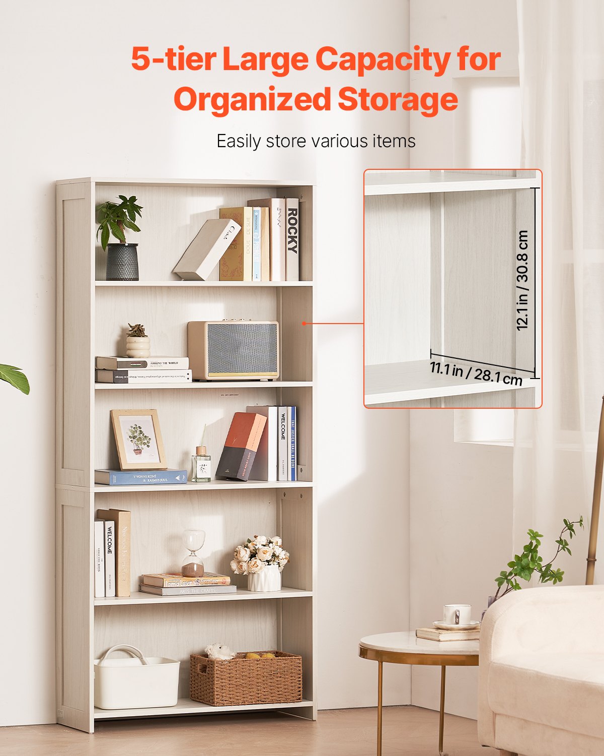 5-Tier Wooden Bookshelf, 68" Freestanding Open Bookcase with Display & Storage for Library, Bedroom, Office, Living Room, White