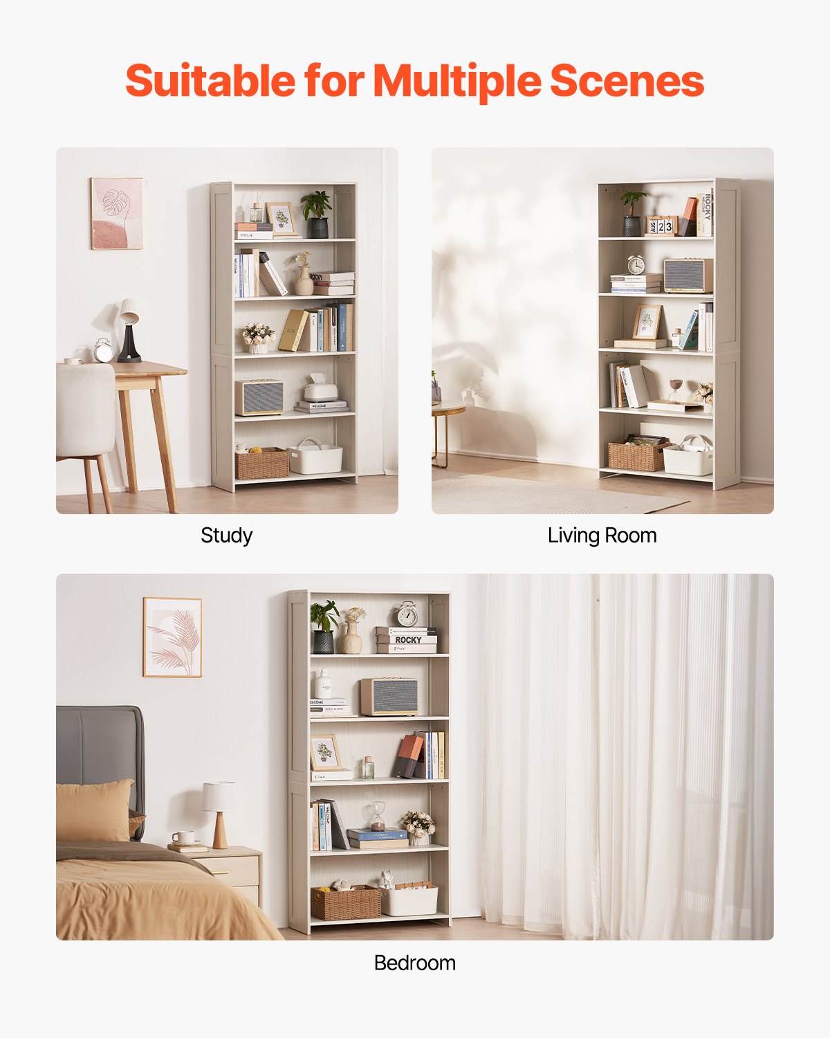 5-Tier Wooden Bookshelf, 68" Freestanding Open Bookcase with Display & Storage for Library, Bedroom, Office, Living Room, White