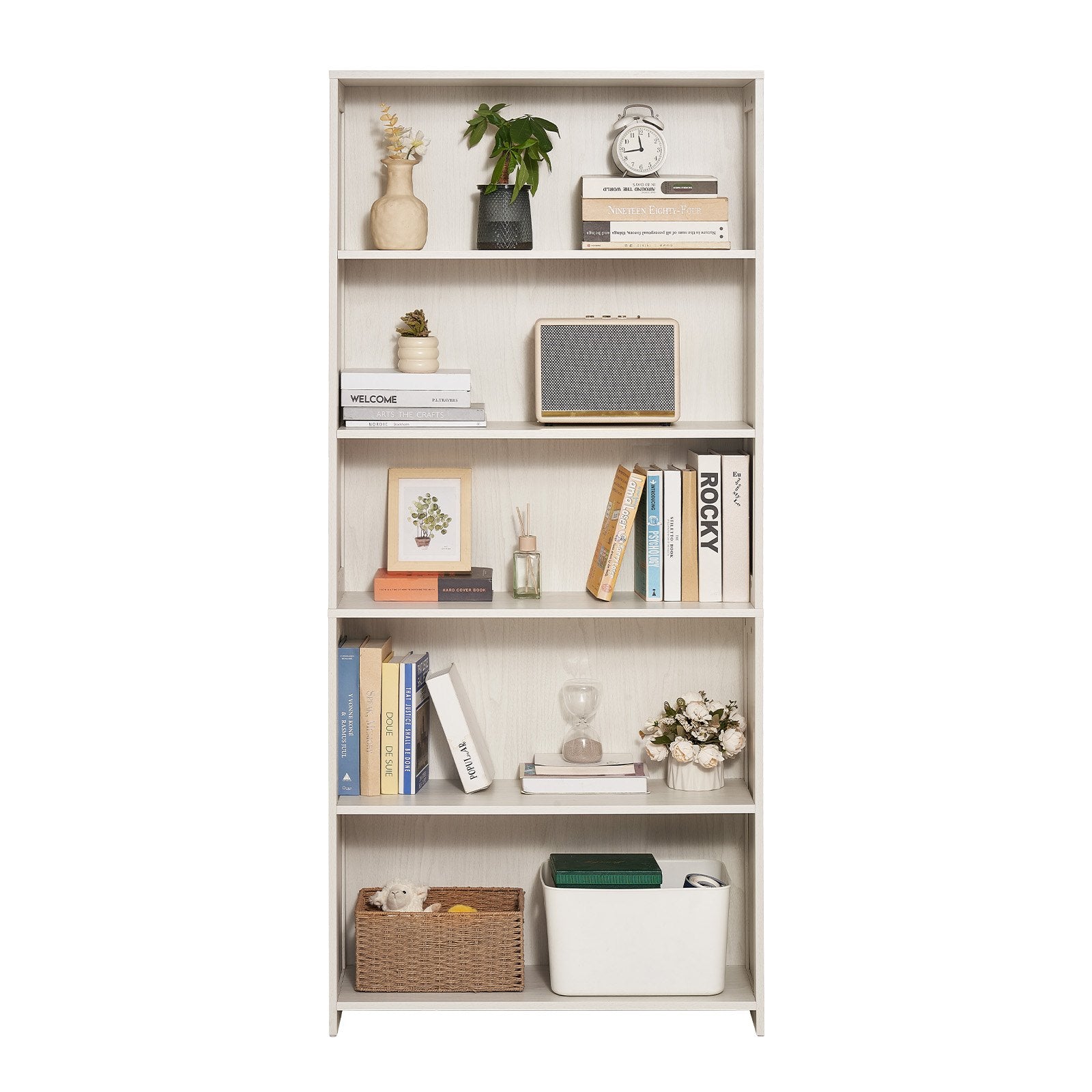 5-Tier Wooden Bookshelf, 68" Freestanding Open Bookcase with Display & Storage for Library, Bedroom, Office, Living Room, White