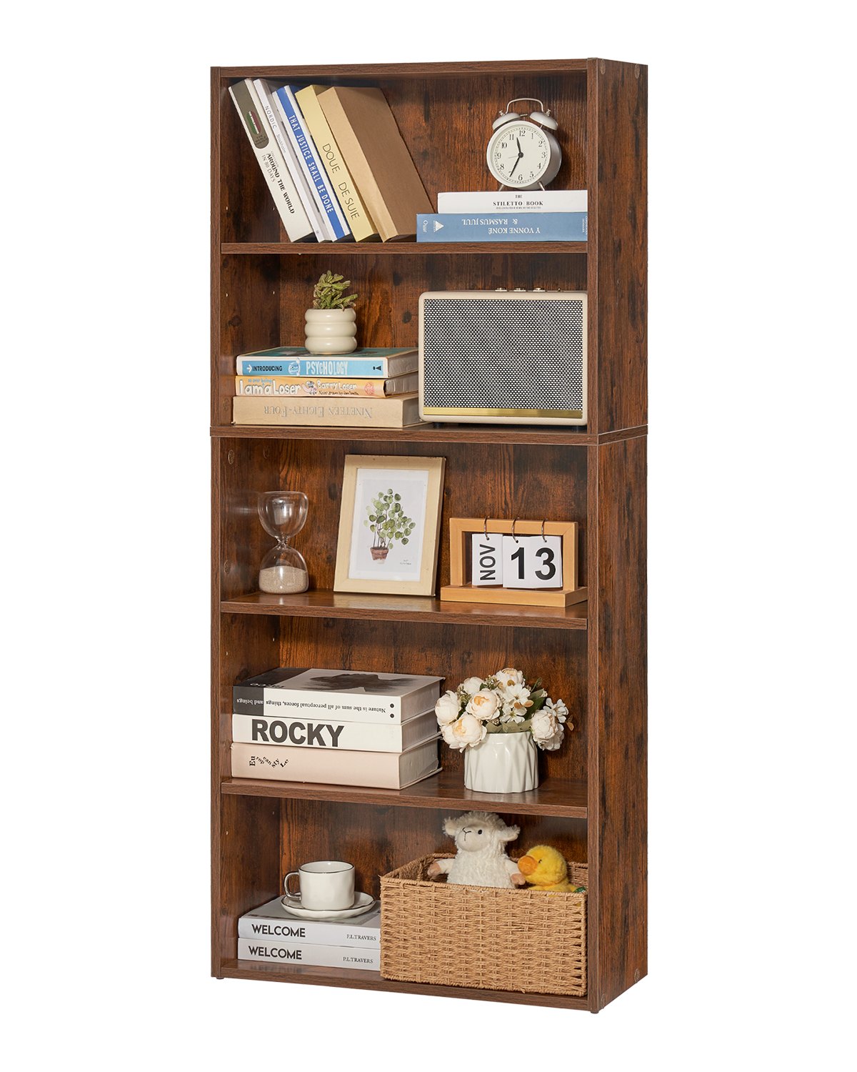 Tall 5-Tier Narrow Bookshelf with Adjustable Shelves, Freestanding Wooden Display for Library, Bedroom, Office, Brown, 53" High