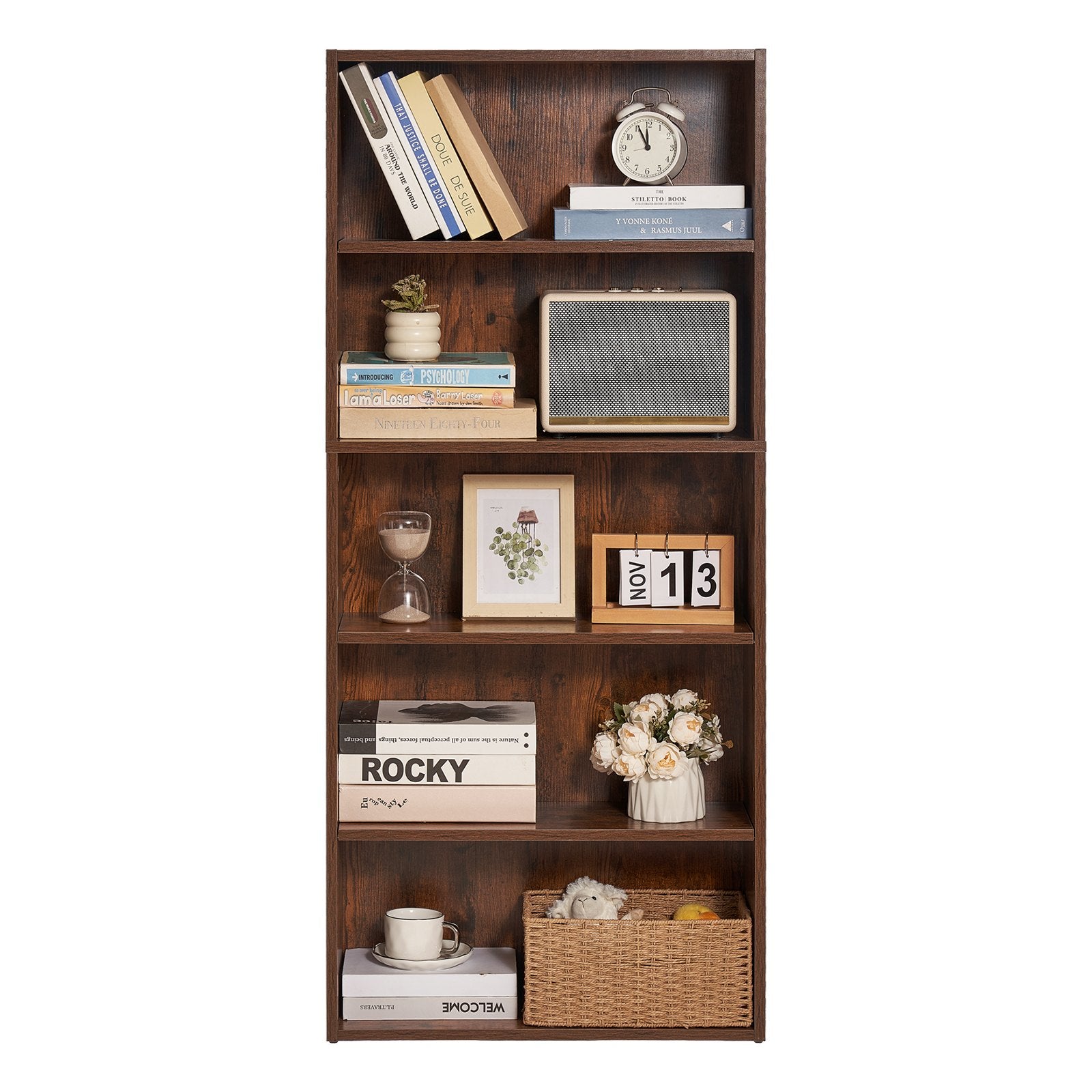 Tall 5-Tier Narrow Bookshelf with Adjustable Shelves, Freestanding Wooden Display for Library, Bedroom, Office, Brown, 53" High