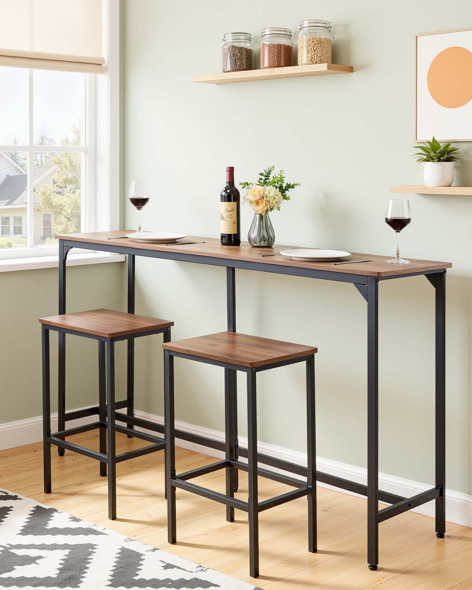 53" Tall Kitchen Bar Table, Rectangular High Top Dining Table with Rounded Edge, Light Brown & Black, Ideal for Balcony & Living Room, Waterproof P2-Grade Particle Board, Extended Horizontal Design, Classic Color Scheme, Multi-Purpose Table