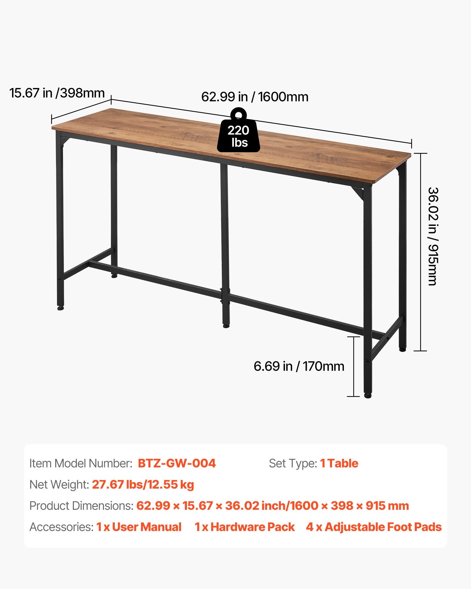 53" Tall Kitchen Bar Table, Rectangular High Top Dining Table with Rounded Edge, Light Brown & Black, Ideal for Balcony & Living Room, Waterproof P2-Grade Particle Board, Extended Horizontal Design, Classic Color Scheme, Multi-Purpose Table